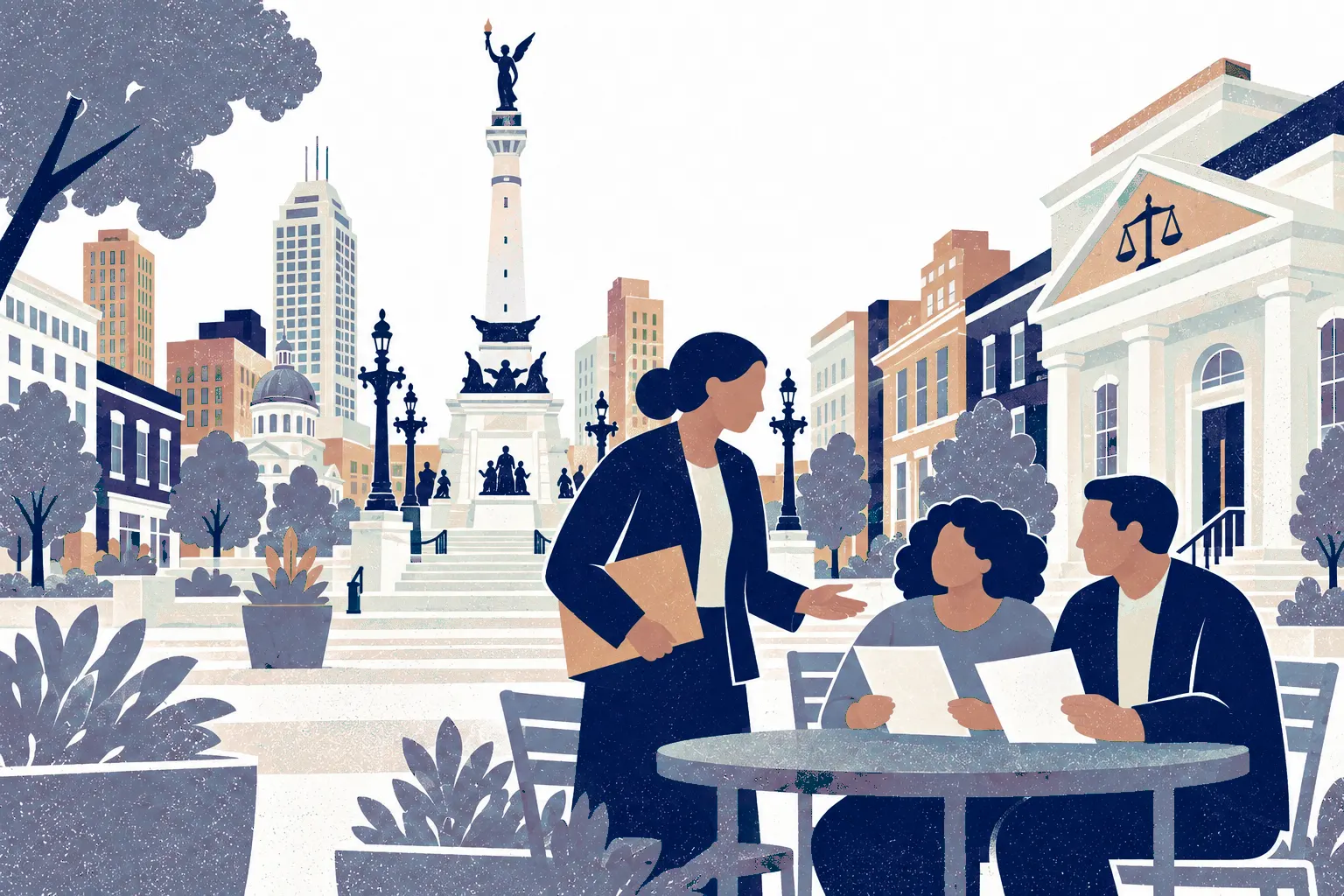 A seated couple on the right examine documents with a standing advisor slightly left of center. In the background: Indianapolis Soldiers and Sailors Monument.