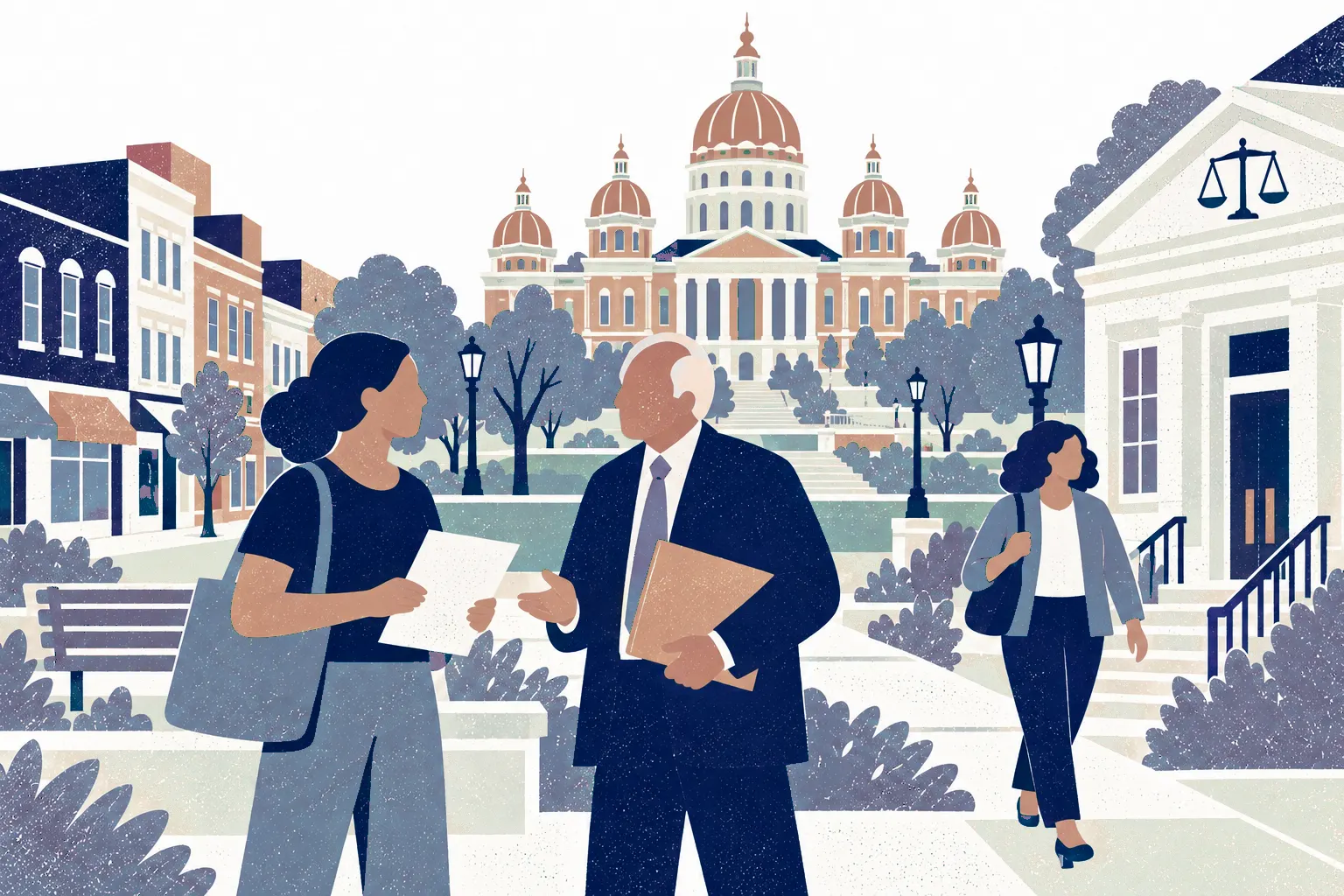 A young woman stands left with a document, an older man carrying a folder meets her in center, a woman walks down the path at right. In the background: Iowa State Capitol five domes.