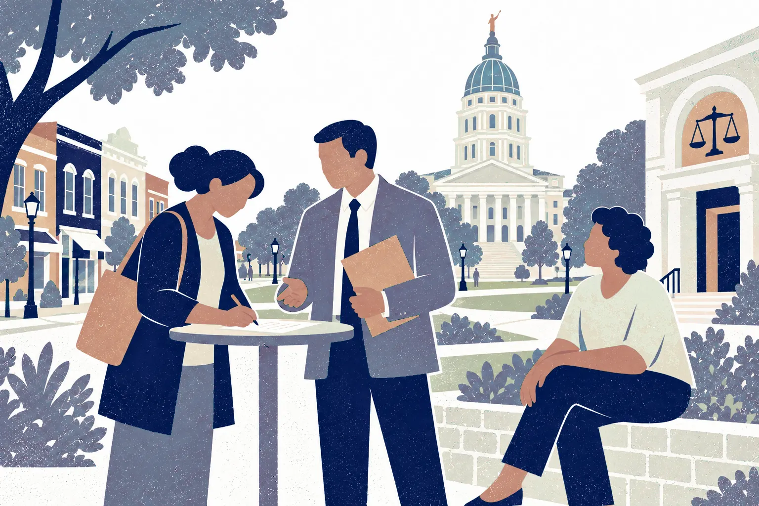 A woman at left signs a document on a small standing-height table while a man advisor at center holds a folder; another adult sits to the right on a low garden wall. In the background: Kansas State Capitol.