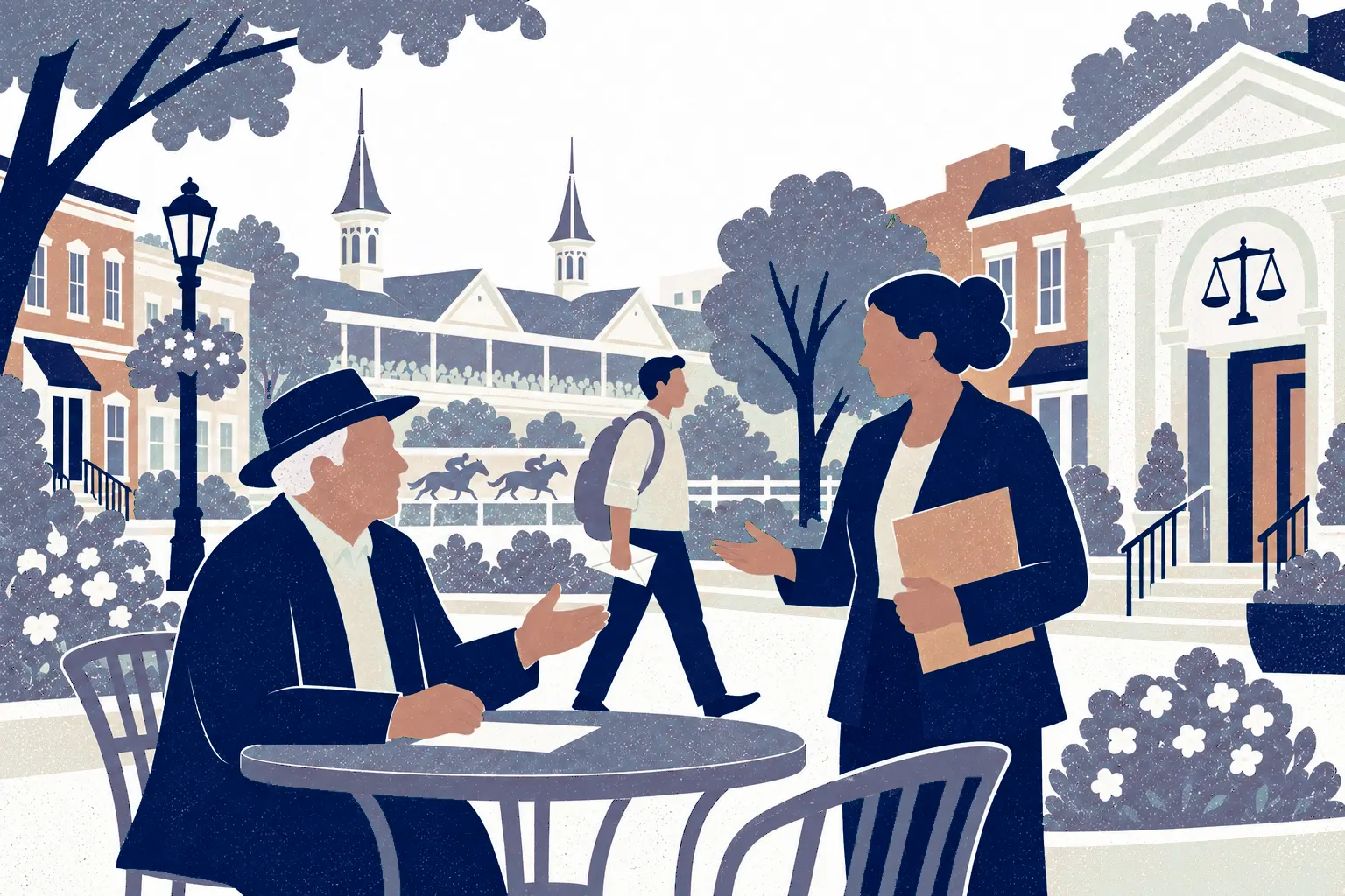 An older man seated at a left plaza table talks with a woman advisor standing at right, and a young adult walks between them in the middle distance carrying a envelope. In the background: Churchill Downs twin spires.