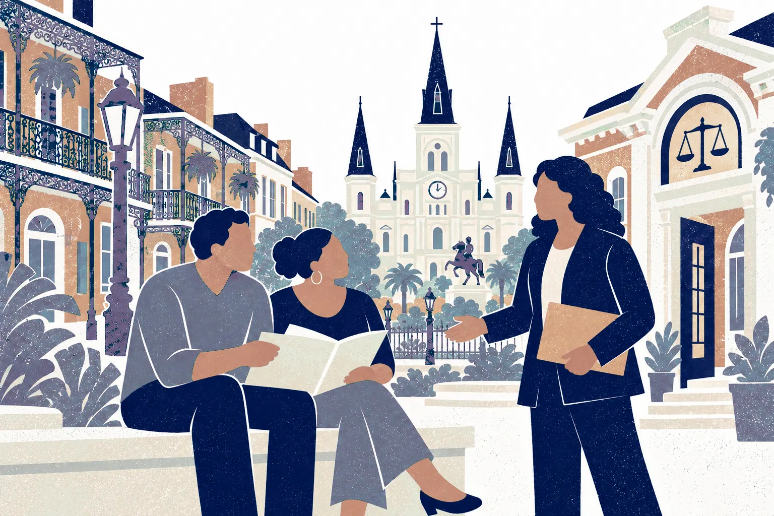 Two adults at left sit together on a low wall sharing a open folder, while a third adult on the right greets them with a document envelope. In the background: New Orleans St Louis Cathedral.