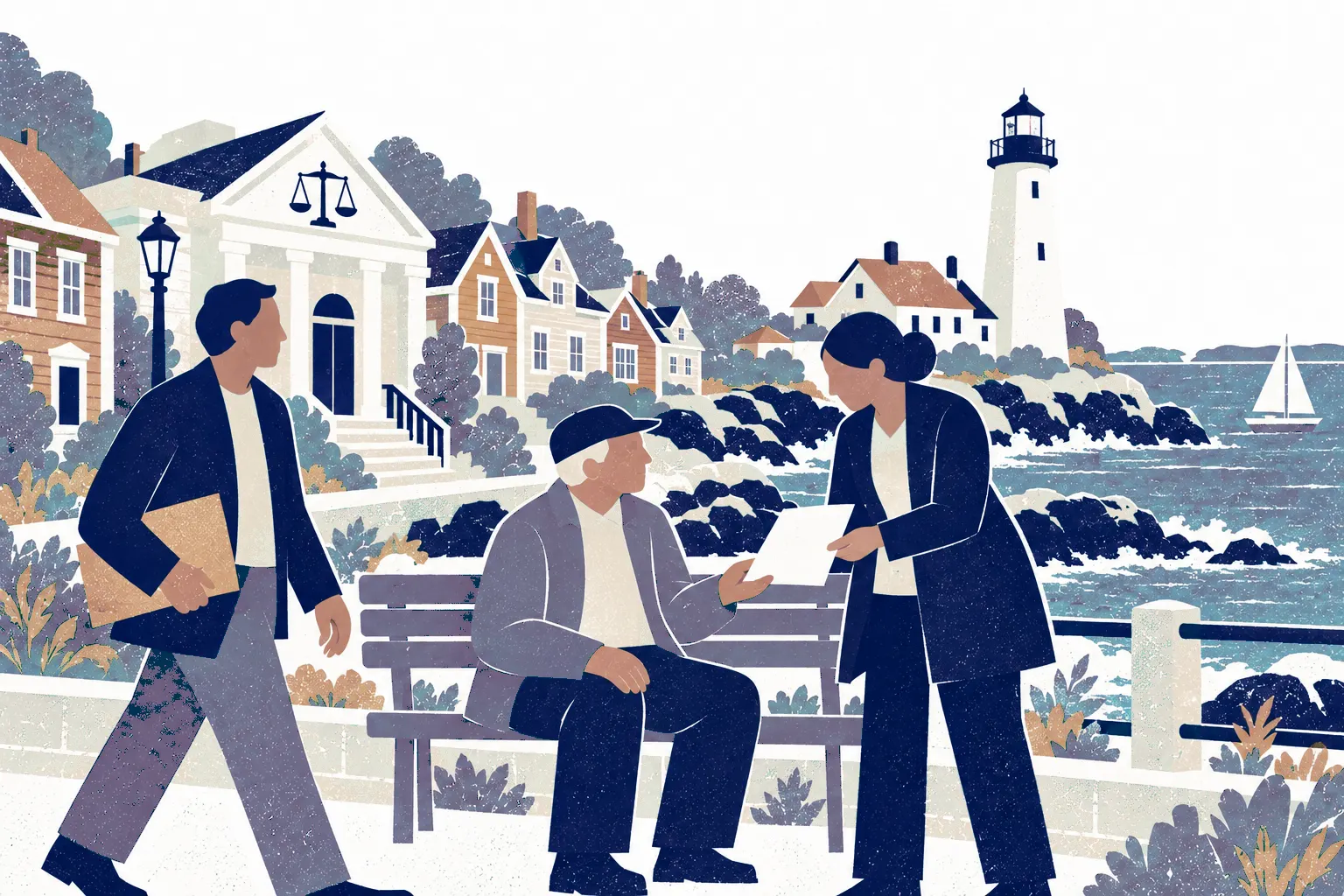 A standing woman at right offers a document to an older man seated centrally on a seaside bench; a third adult walks at left carrying a folder. In the background: Portland Head Light.