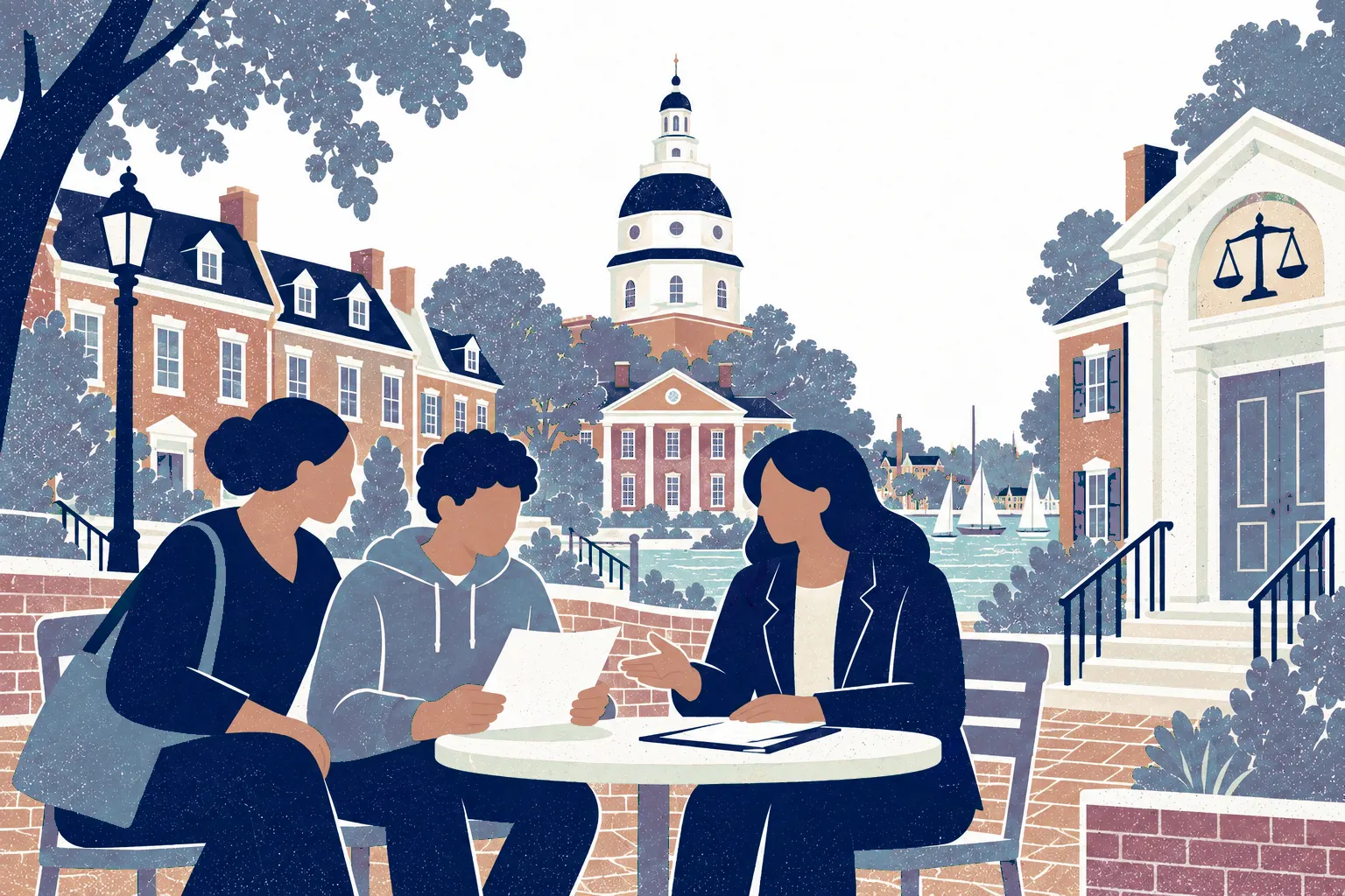 A parent and teenager at the left review a form with an advisor seated at a little table on the right. In the background: Maryland State House.