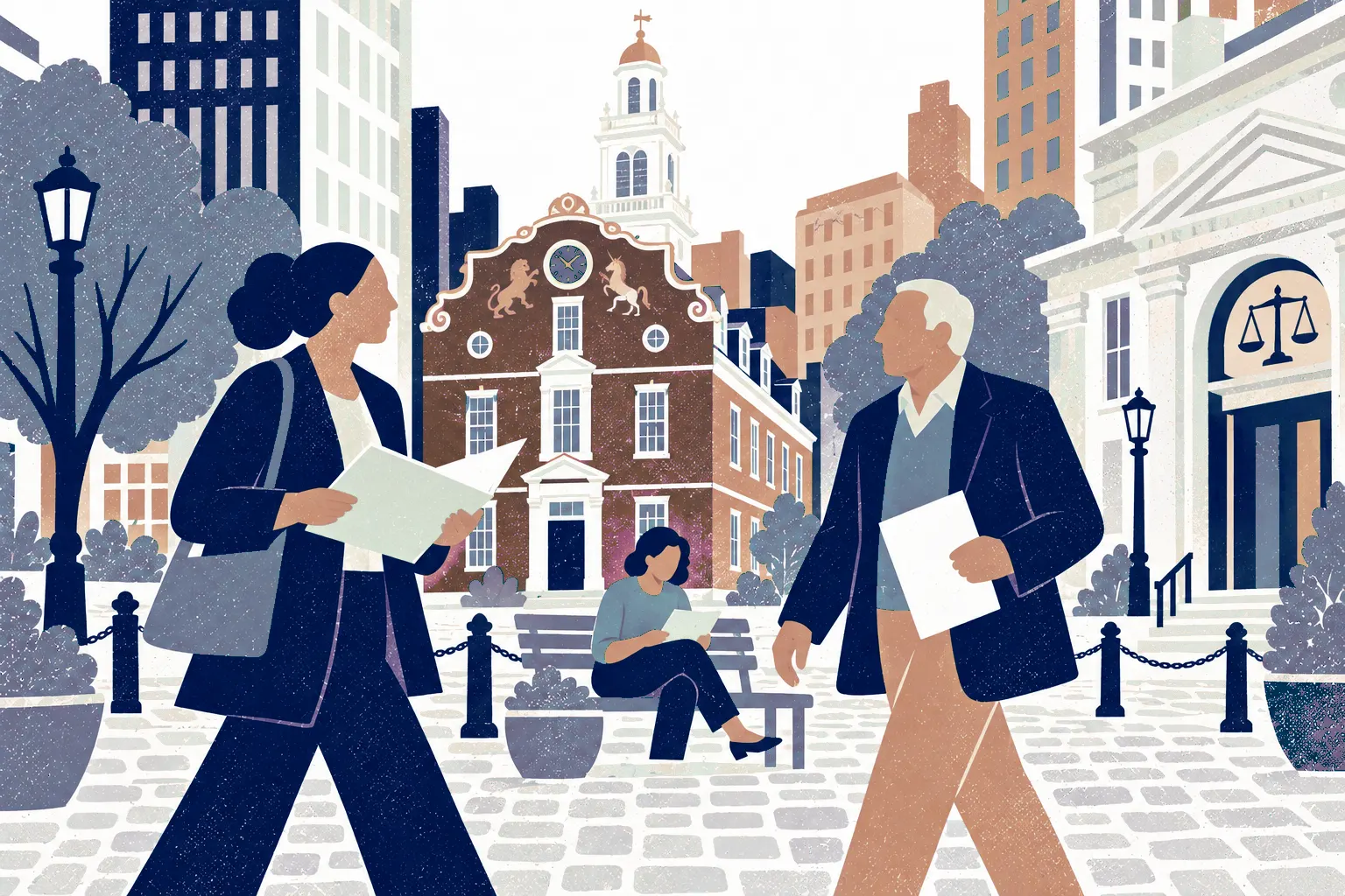 Two adults walk toward each other in a cobbled plaza, woman at left with open folder and older man at right with a sheet, third adult sitting behind them. In the background: Boston Old State House.