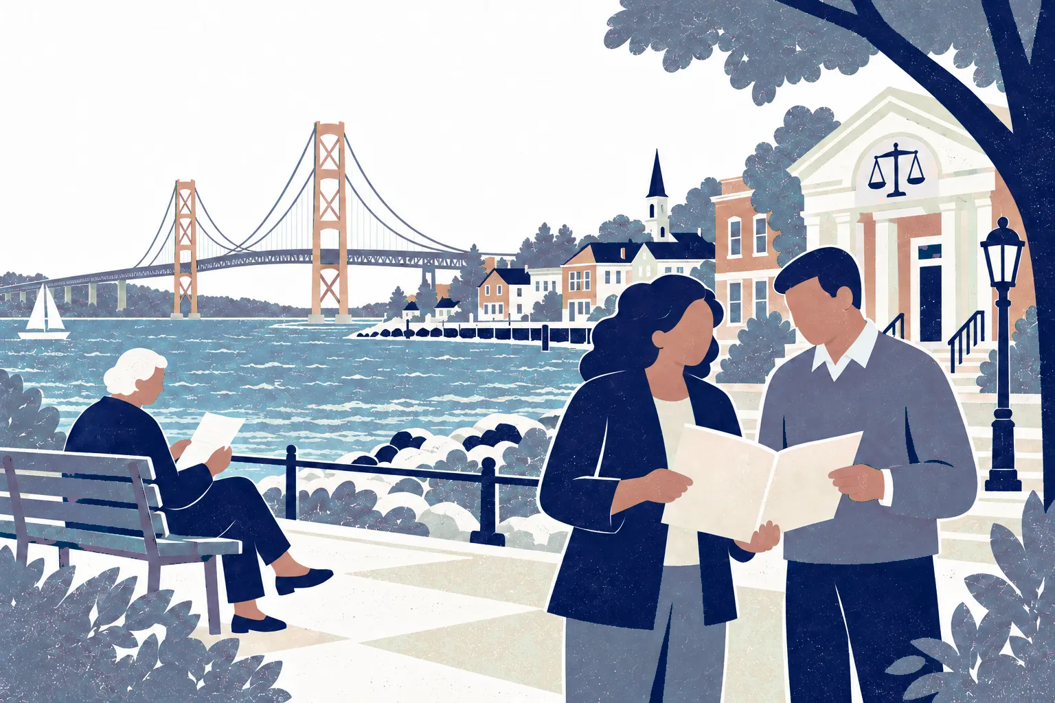 At right a woman and man stand facing an open folder, at left an older adult sits reading a plain paper on a shoreline bench. In the background: Mackinac Bridge.