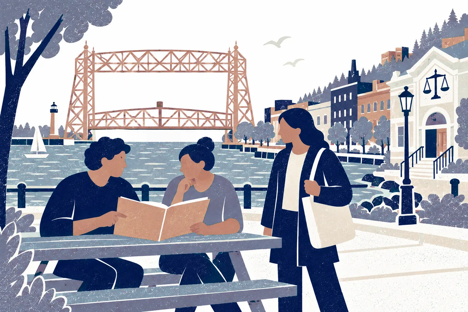 Two people at a left-side harbor picnic table examine a legal folder, a third person stands to their right holding a tote. In the background: Duluth Aerial Lift Bridge.