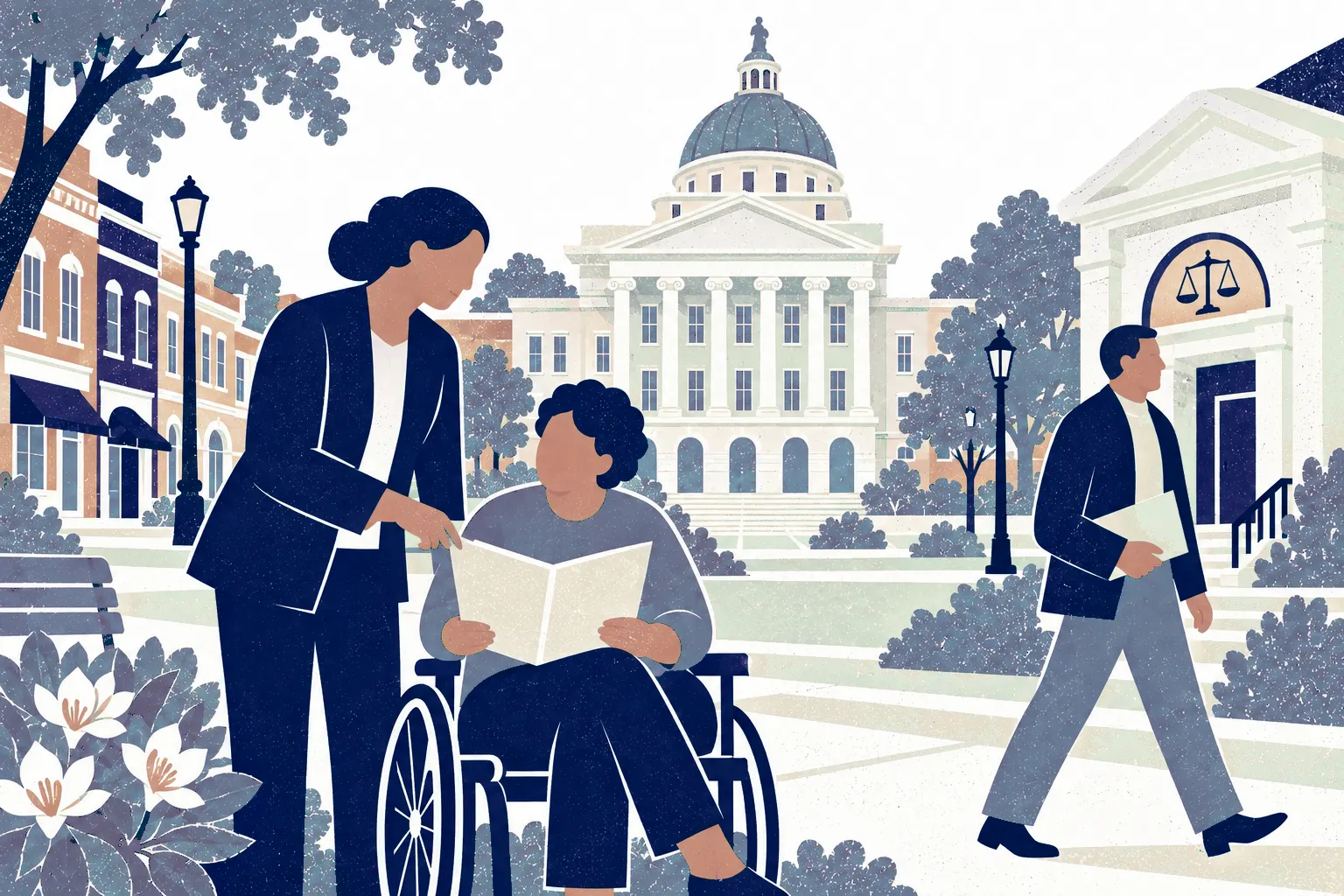 At left an advisor stands beside a wheelchair user in center as both review a open folder, a third adult walks across the right holding an envelope. In the background: Old Mississippi State Capitol.