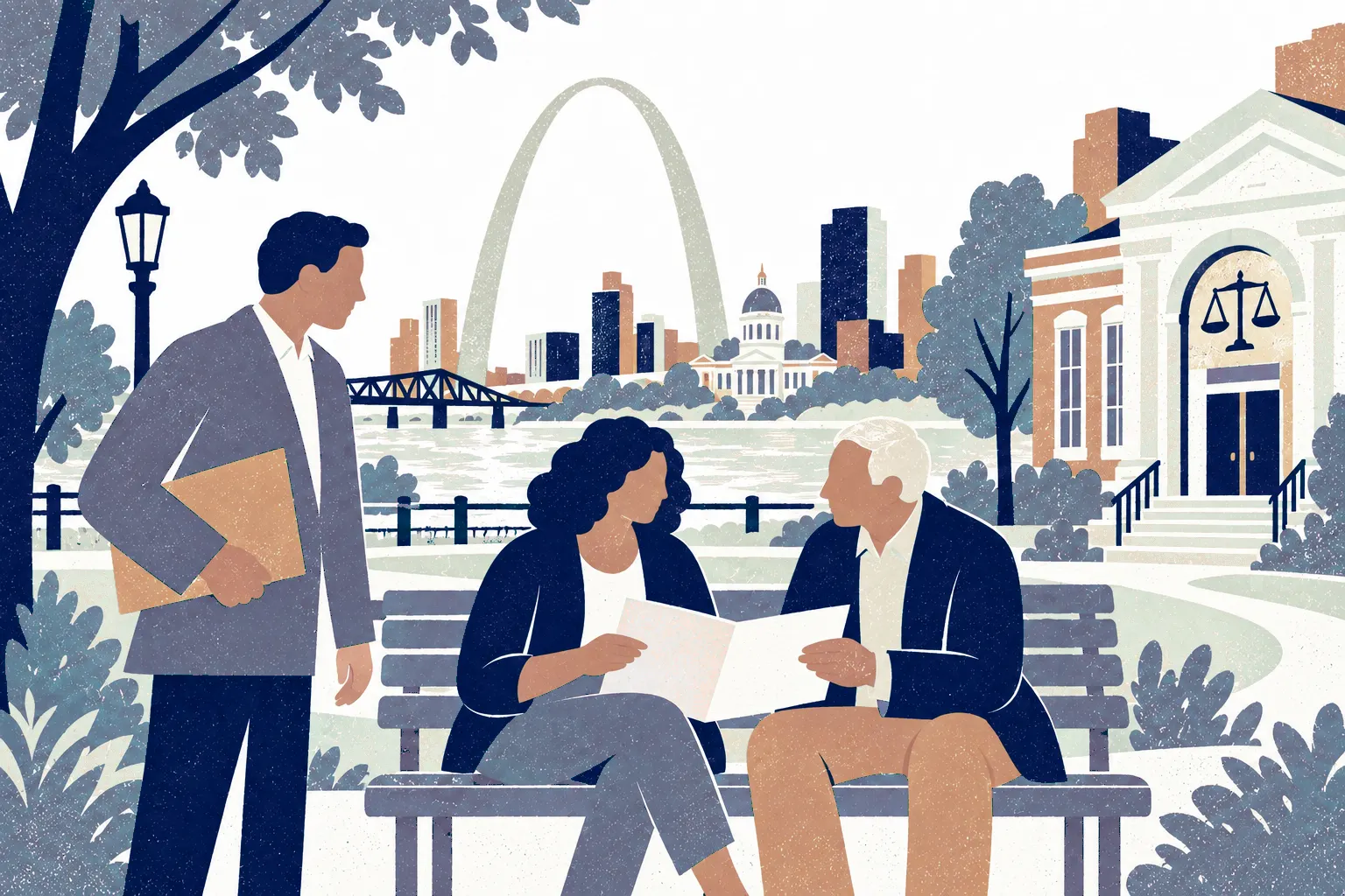 A woman at center-left and older man at right share a document on a broad park bench, a third person standing left holds a folder. In the background: Gateway Arch.