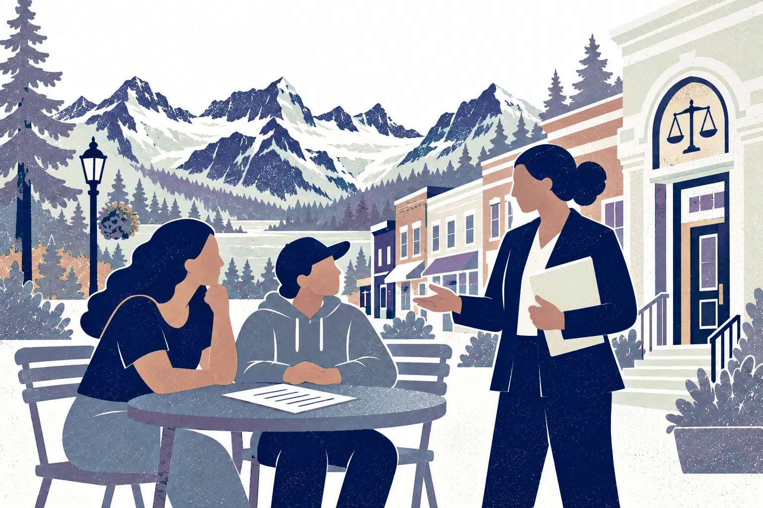 A parent and teenager sit at a small outdoor consultation table on left with a legal advisor standing on right; a rental document on table. In the background: Glacier National Park peaks.