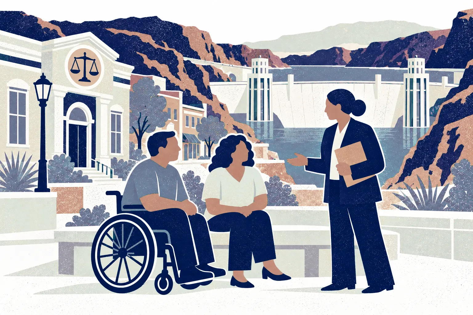 A wheelchair user and companion meet a standing legal advisor beside a low consultation bench at center; the monumental curved Hoover Dam wall spans rocky canyon in the distant background with paired intake towers and a low Nevada town law office off left. In the background: Hoover Dam, Nevada side, shared Arizona border.