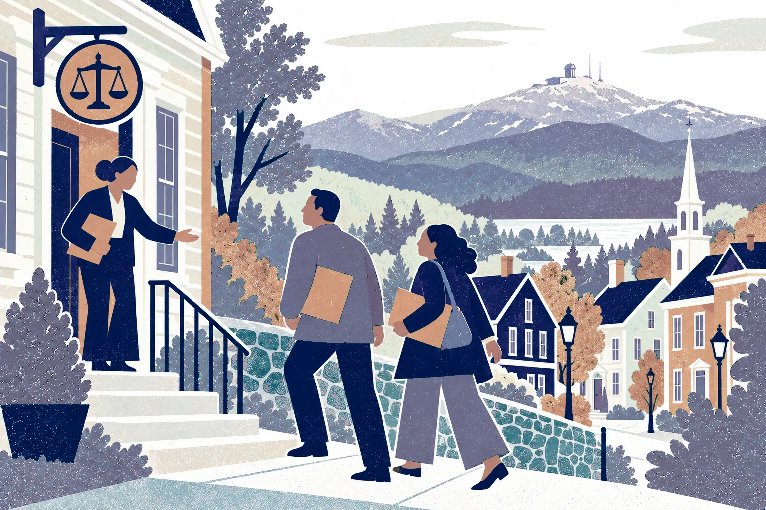 Two neighbors carrying folders walk uphill towards an advisor at a small village law office on left; distant rounded rocky Mount Washington summit has its low observatory building, antenna masts and White Mountain ridges. In the background: Mount Washington summit and observatory.