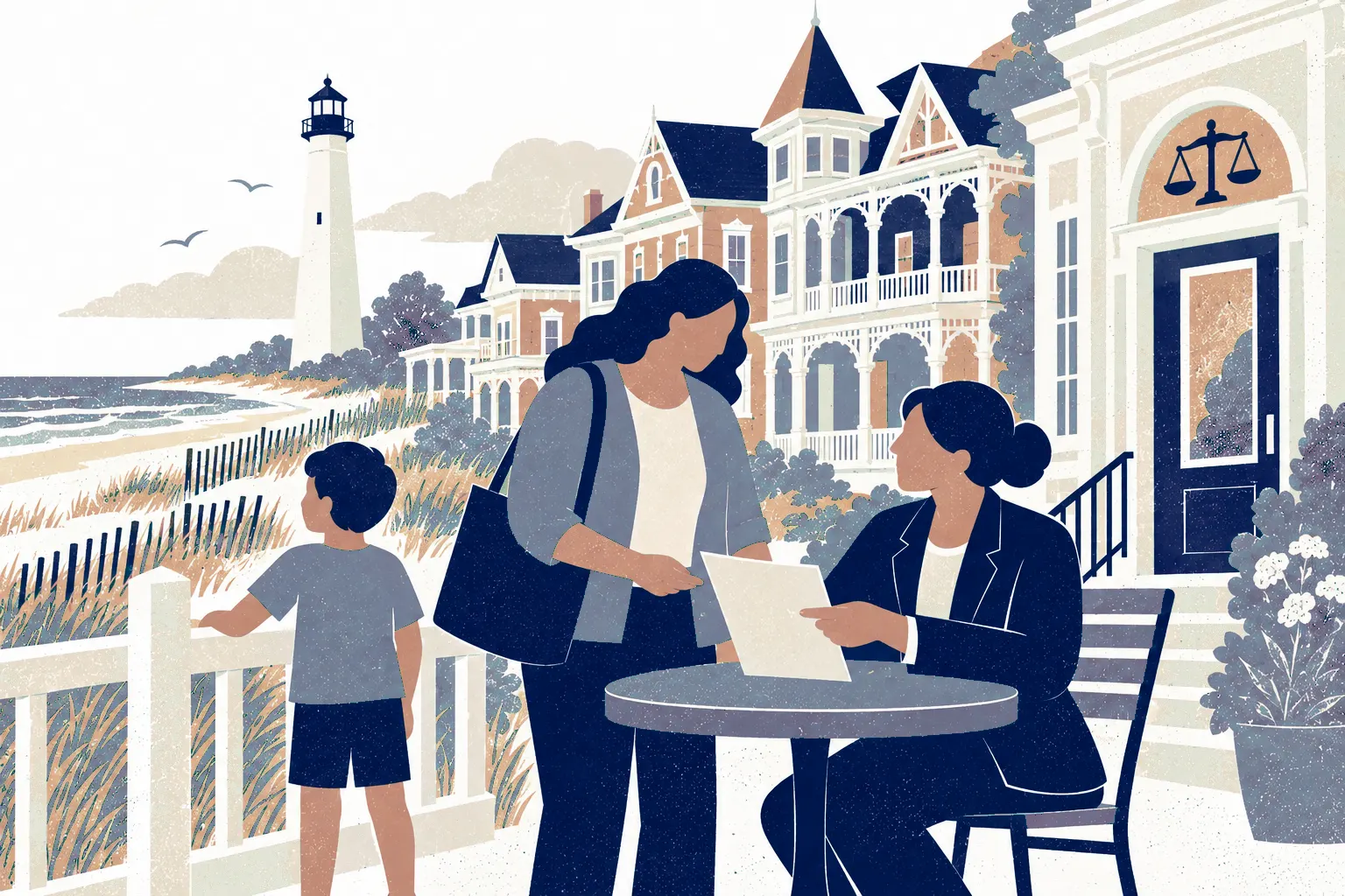 A seated legal advisor at a small round outdoor table on right helps a standing parent with a housing document while a child looks towards the beach at left. In the background: Cape May Victorian houses and lighthouse.