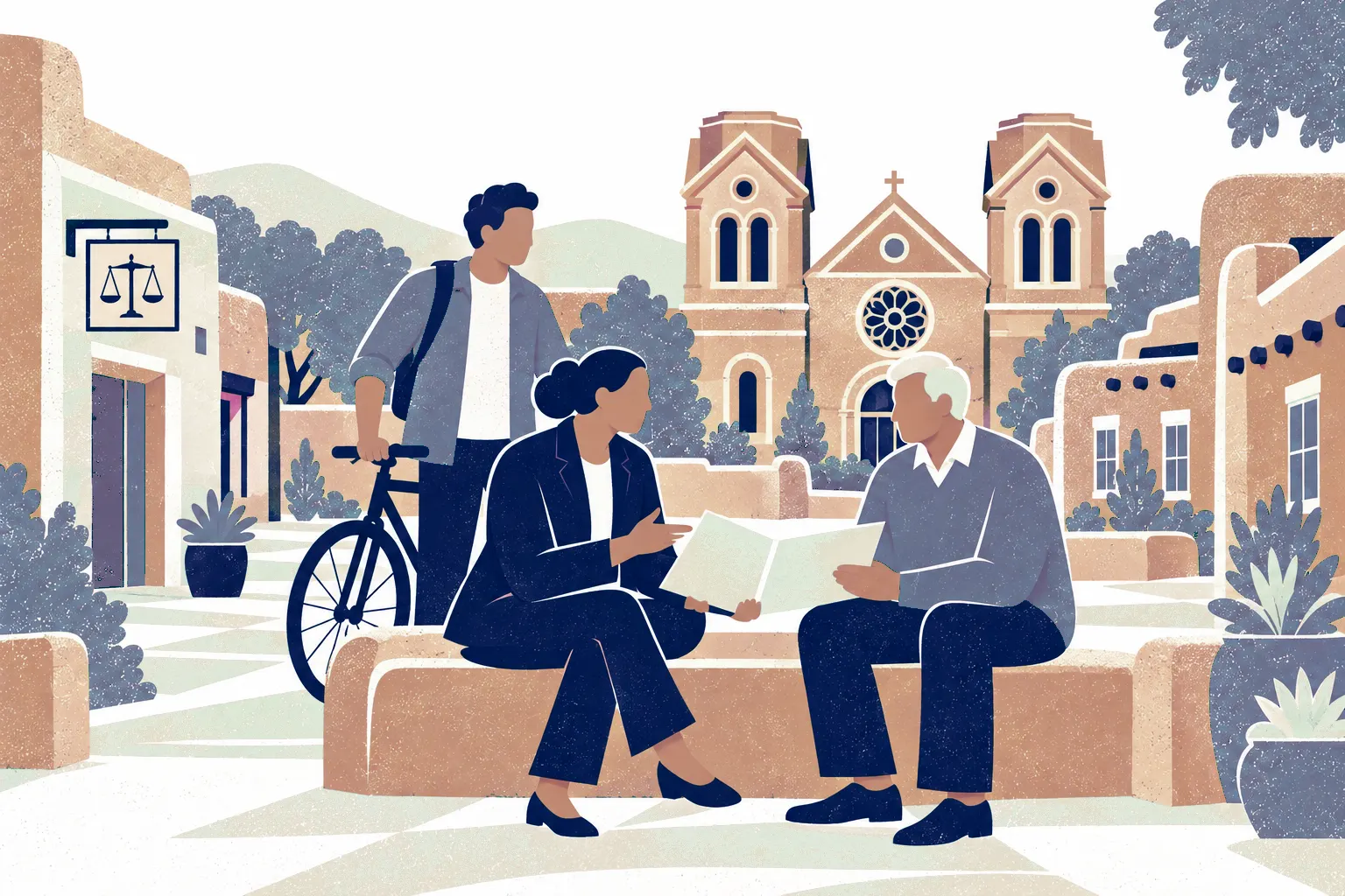Two adults sit facing each other on either end of an adobe plaza bench reviewing a estate-planning folder, a third stands behind with a bicycle. In the background: Santa Fe adobe architecture and Cathedral Basilica.
