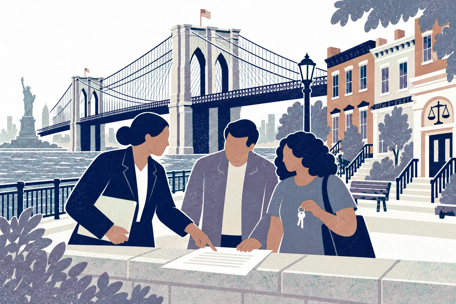A legal advisor and two tenants stand on a riverside promenade, one points to a lease laid over a low wall, another holds house keys. In the background: Brooklyn Bridge and Statue of Liberty.