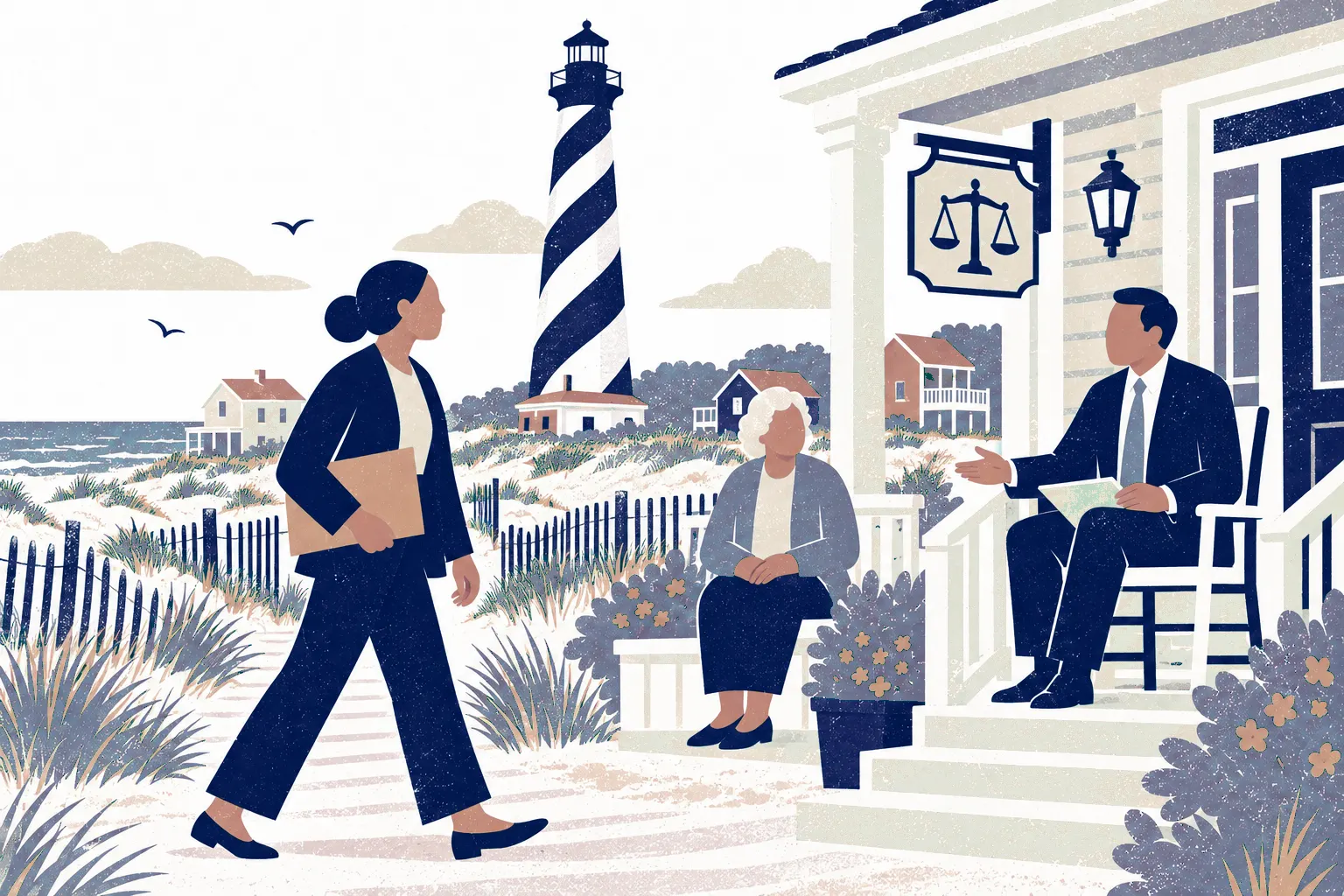 A working adult carries a closed folder from left towards a lawyer seated on the porch of a seaside law office at right; an older companion waits by a planter. In the background: Cape Hatteras Lighthouse.