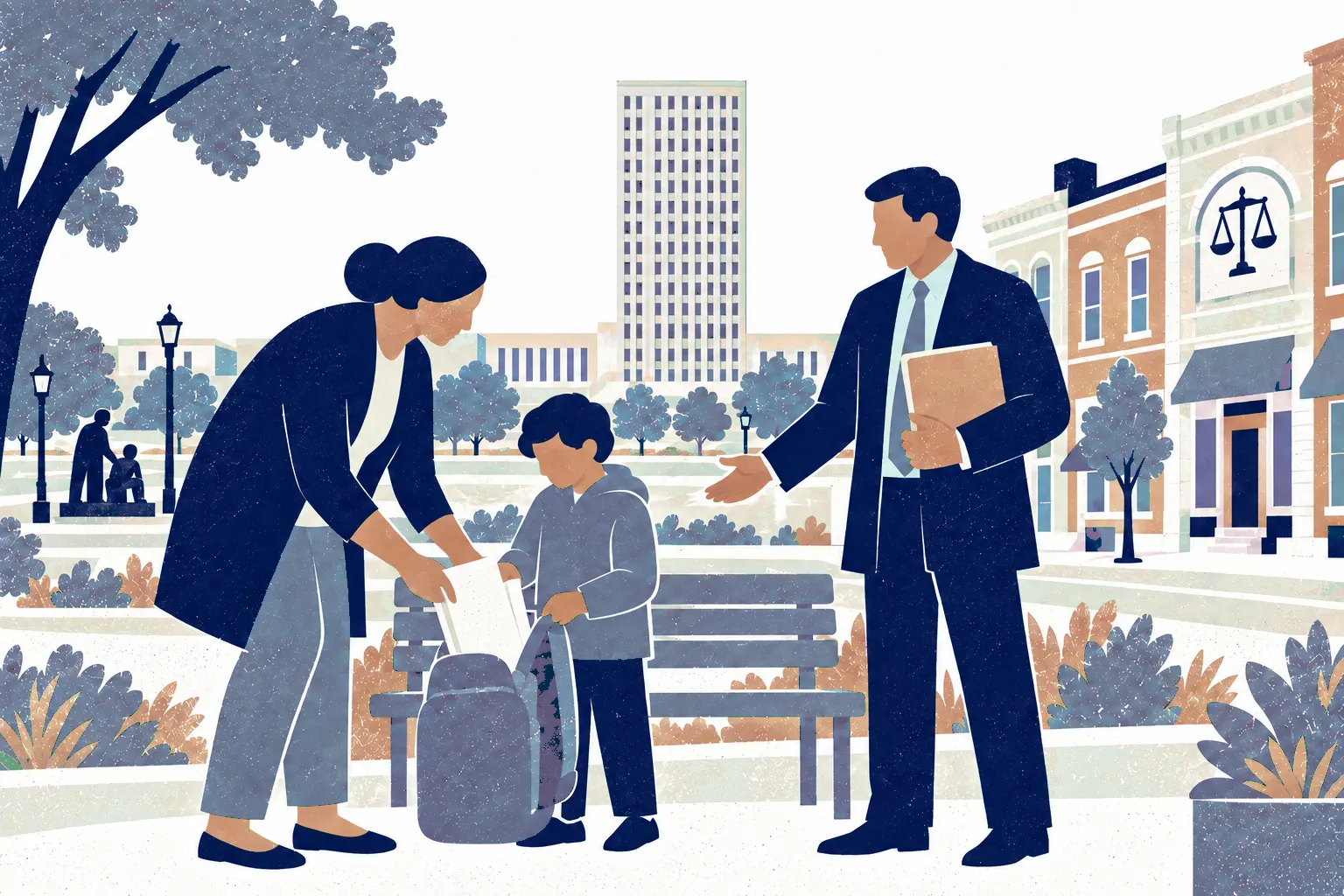 An adult on the left bends to help a child put documents into a bag while a legal advisor on the right holds a folder by a low bench. In the background: North Dakota State Capitol art deco tower.