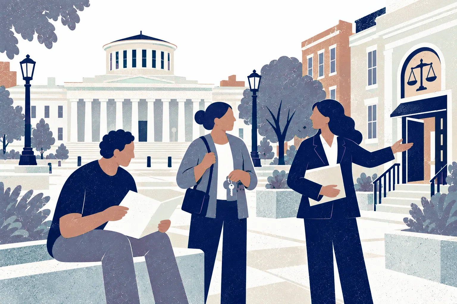 Three adults form a loose triangle on a civic plaza: one seated in foreground left reviewing a document, one standing center holding keys, and a legal advisor on right gestures to small scales-marked law office. In the background: Ohio Statehouse.