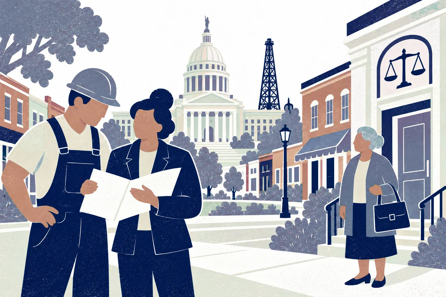 A tradesperson in work clothes and a legal advisor stand at left looking over a contract, an older woman on right holds a satchel next to a small town law office. In the background: Oklahoma State Capitol with oil derrick.
