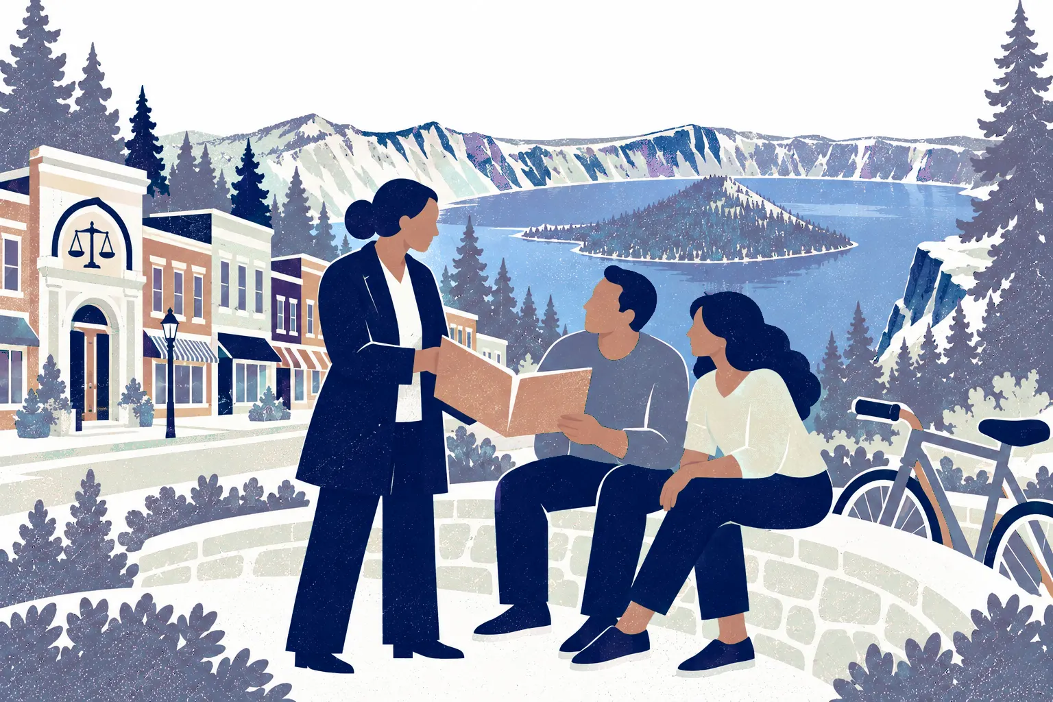 Two adult neighbors sit on a curved low wall at right sharing a folder with a standing legal advisor on left, a bicycle leaned nearby. In the background: Crater Lake and Wizard Island.