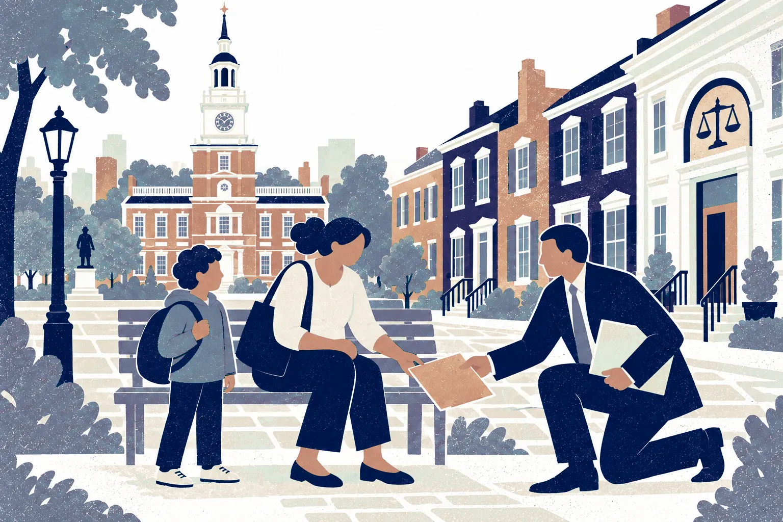 A legal advisor kneels on right to return a dropped folder to a parent seated at center with child standing at left, friendly everyday assistance. In the background: Independence Hall.