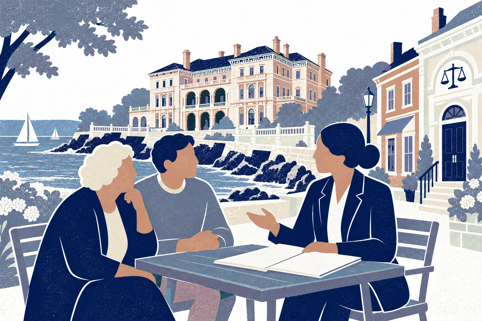 An older adult and younger relative on left consult a lawyer seated at right across a small square outdoor table with a estate-planning folder. In the background: Newport The Breakers.
