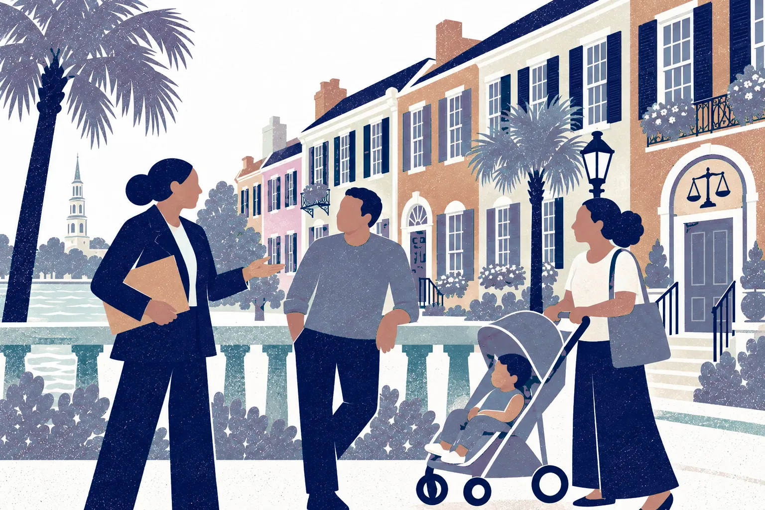 A parent pushes a stroller from right and stops to consult a legal advisor holding a housing folder at left, a companion leans on a low railing at center. In the background: Charleston Rainbow Row.