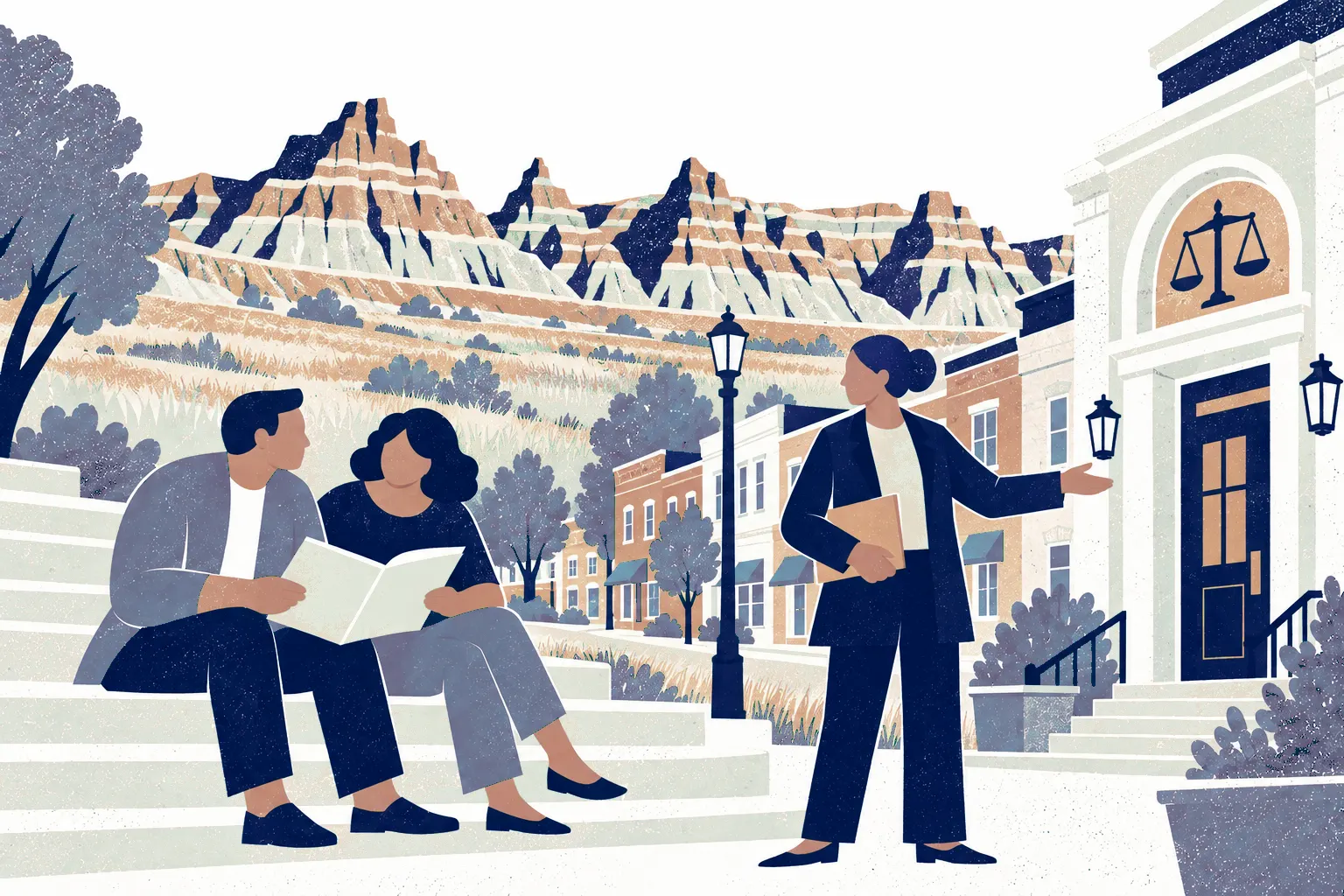 Two adults sit beside each other on broad plaza steps at left reading a folder, a standing advisor at right points gently to a nearby small-town law office doorway. In the background: Badlands formations.