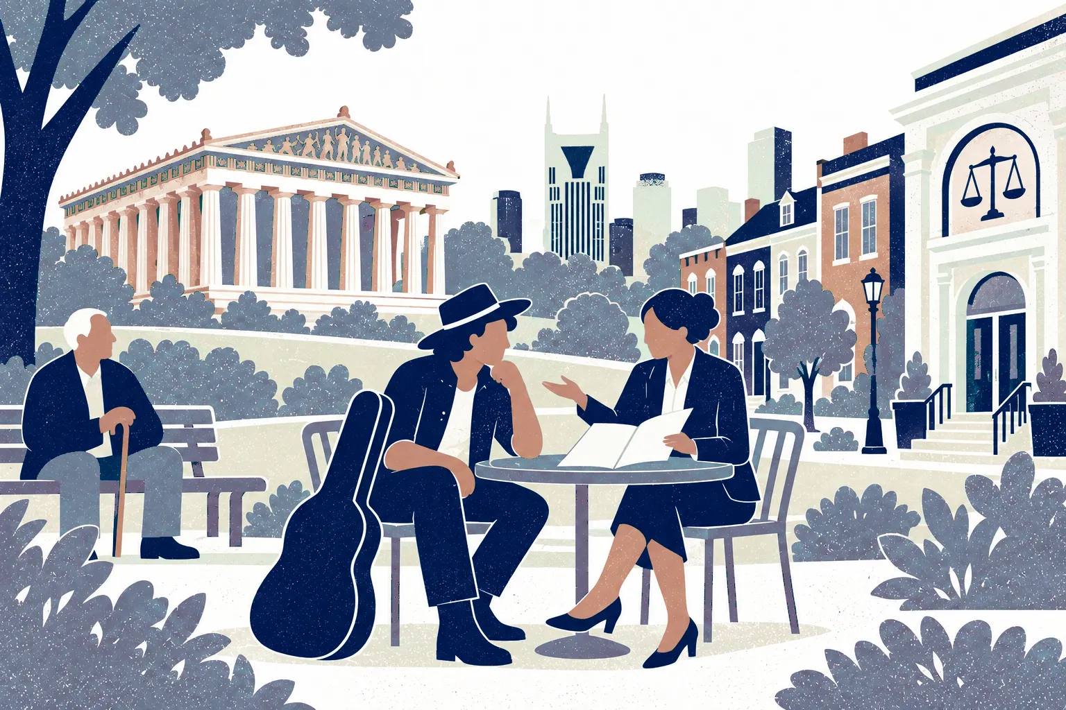 A musician carrying a guitar case meets a legal advisor at center who opens a contract, an older companion rests on a bench at far left. In the background: Nashville Parthenon.
