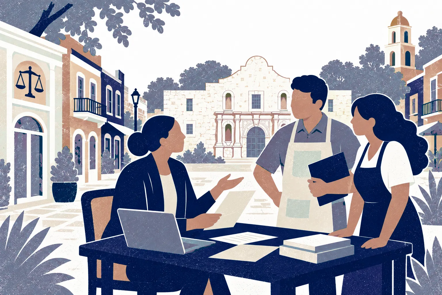 A seated legal advisor on left helps two small business owners standing at a square table on right, one wearing a work apron and holding a folder. In the background: The Alamo.