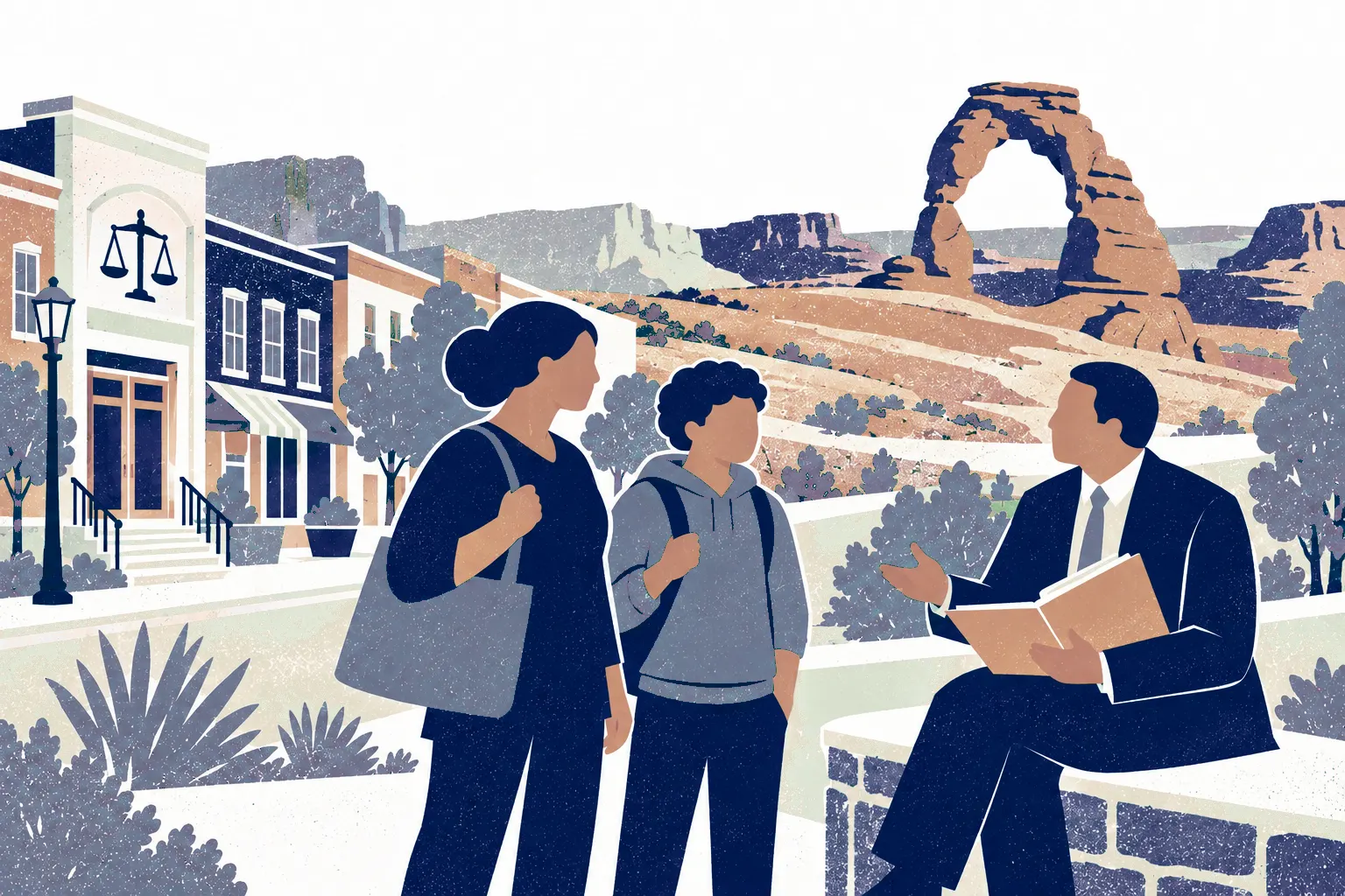 A parent and teenager approach a legal advisor who sits on a low wall on right reviewing a folder, the teen carries a backpack. In the background: Delicate Arch.