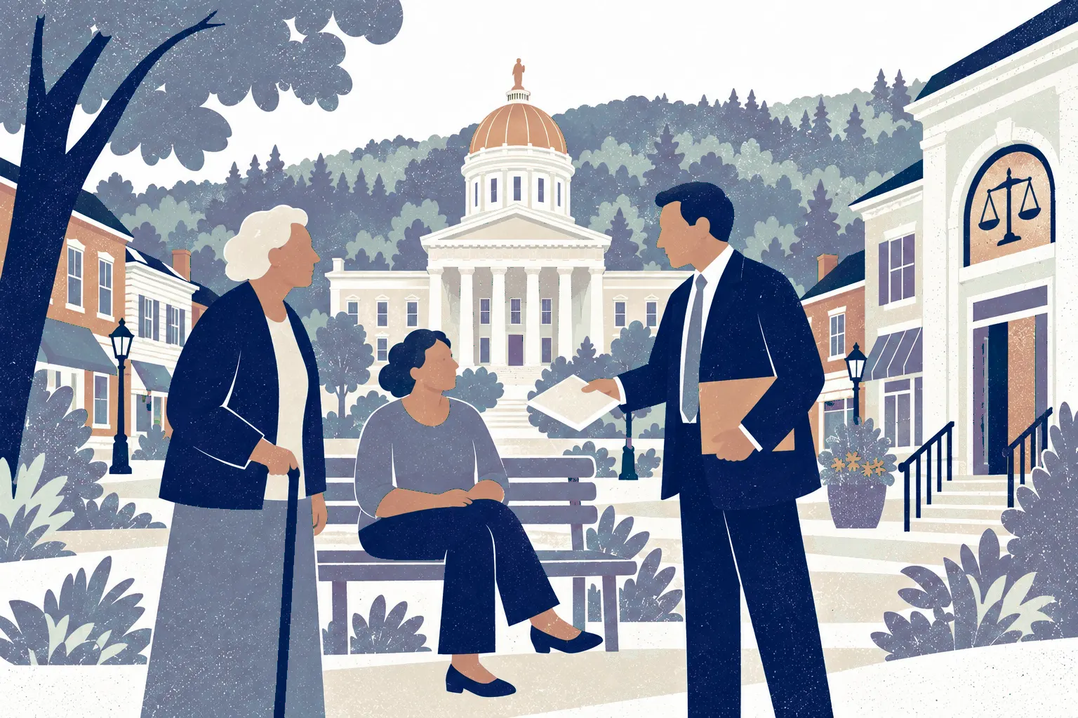An older person with cane stands at left facing a lawyer on right who offers a document, a companion sits on bench at center. In the background: Vermont State House.