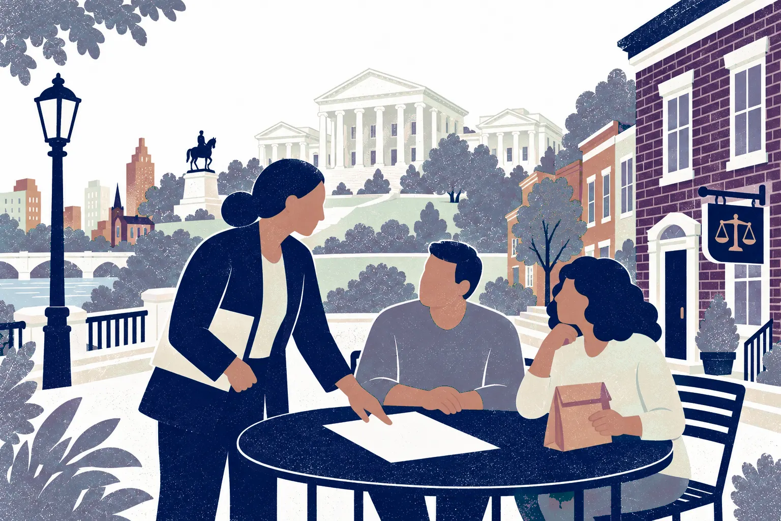 Two coworkers sit on right at a round table while an advisor stands on left laying out a employment document; one coworker holds a lunch bag. In the background: Virginia State Capitol.