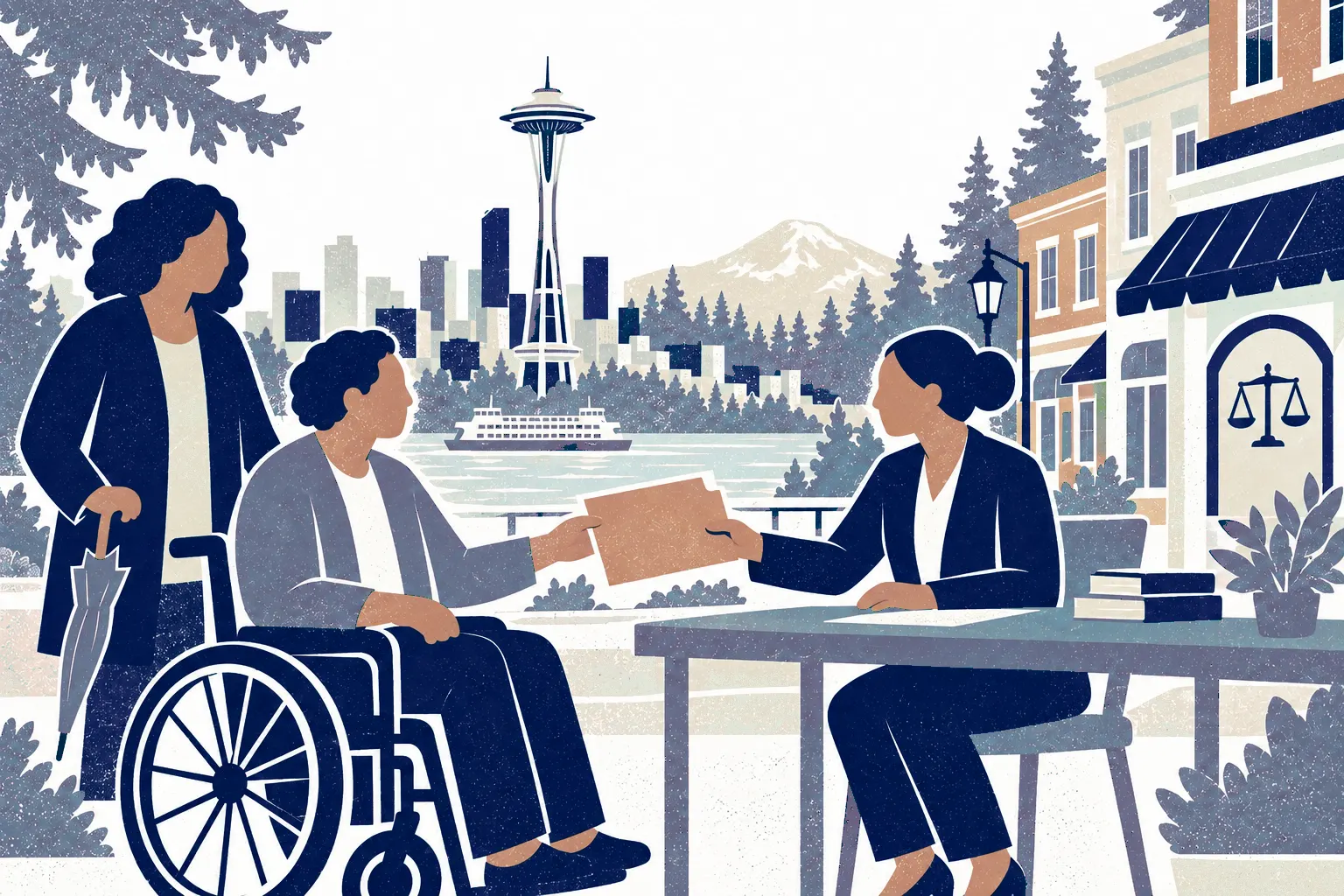 A wheelchair user at left receives a folder from a seated legal advisor at right, a friend stands behind holding a closed umbrella. In the background: Seattle Space Needle.