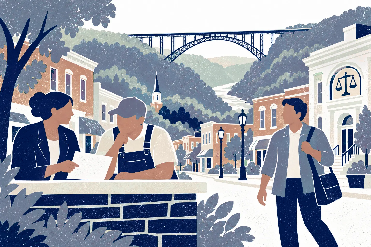 A legal advisor and a tradesperson lean at a low outdoor counter at left reviewing a workplace document, a third adult with a bag approaches on right. In the background: New River Gorge Bridge.
