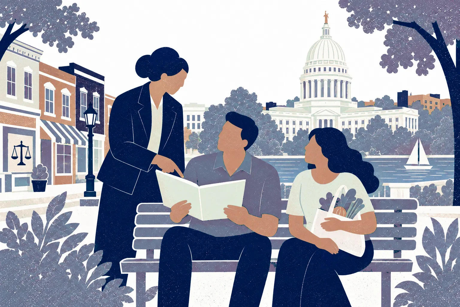 Two neighbors sit on a park bench across foreground, with an advisor standing behind left pointing to an open property folder between them, one neighbor holds a tote with vegetables. In the background: Wisconsin State Capitol.