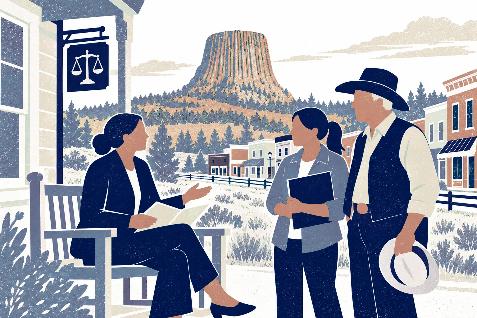 An older ranch worker carrying a hat and a younger adult holding a folder stand on right talking with a seated legal advisor at left beside a wooden porch. In the background: Devils Tower.