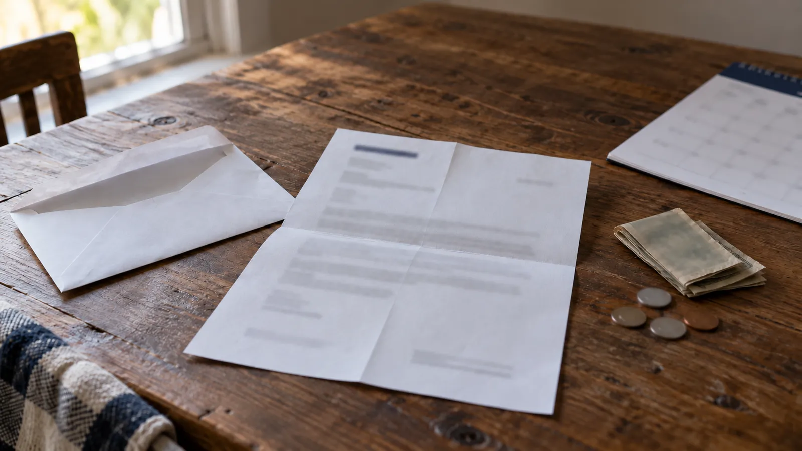 An opened envelope and an unfolded letter on a kitchen table beside a small stack of dollar bills and coins
