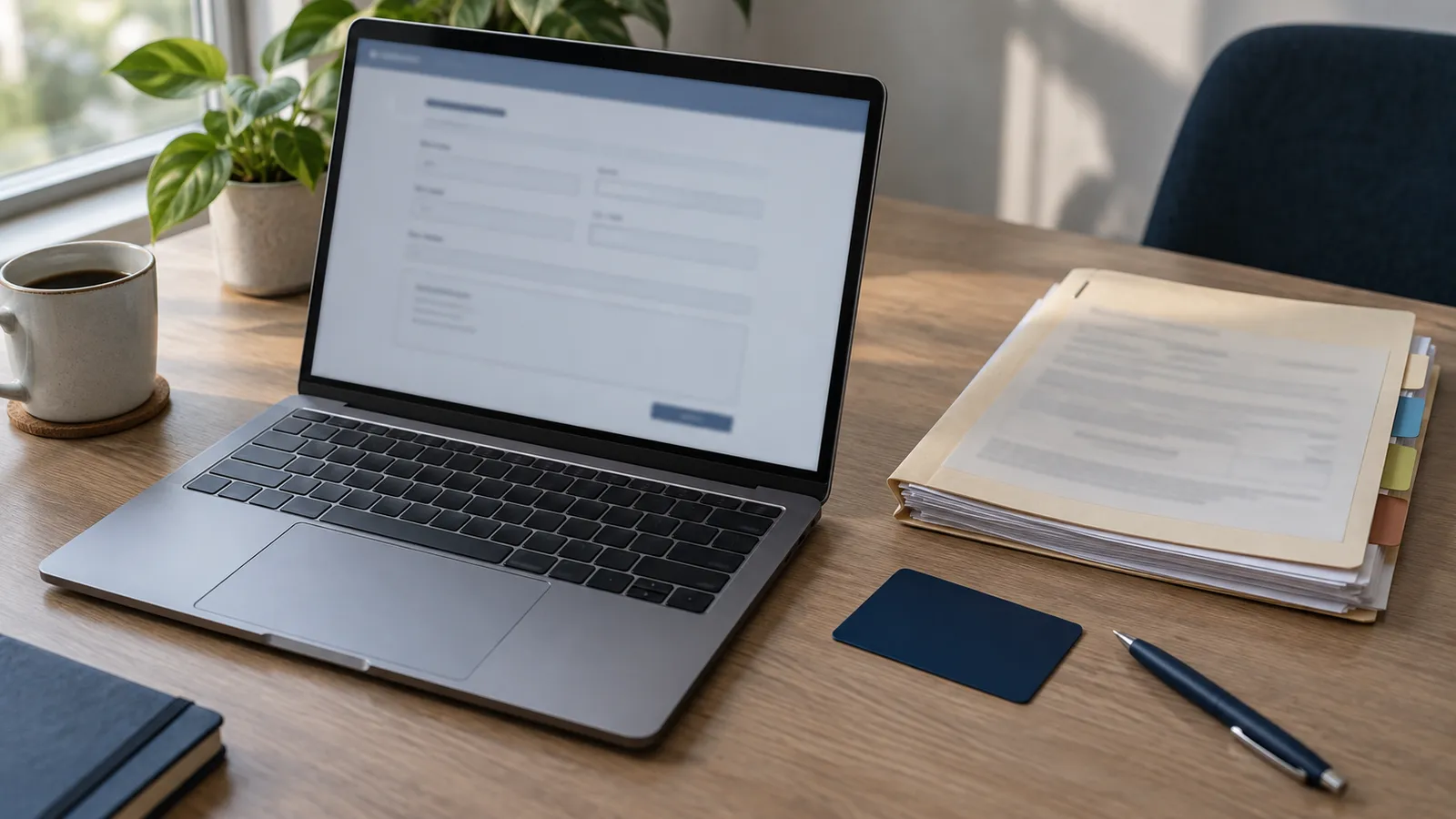 An open laptop on a desk beside a blank bank card, a pen and a folder of application paperwork
