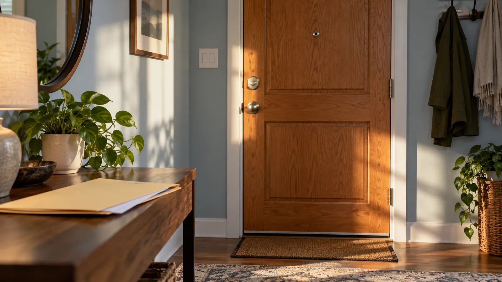 A closed wooden front door with a deadbolt beside a table holding a folder and papers