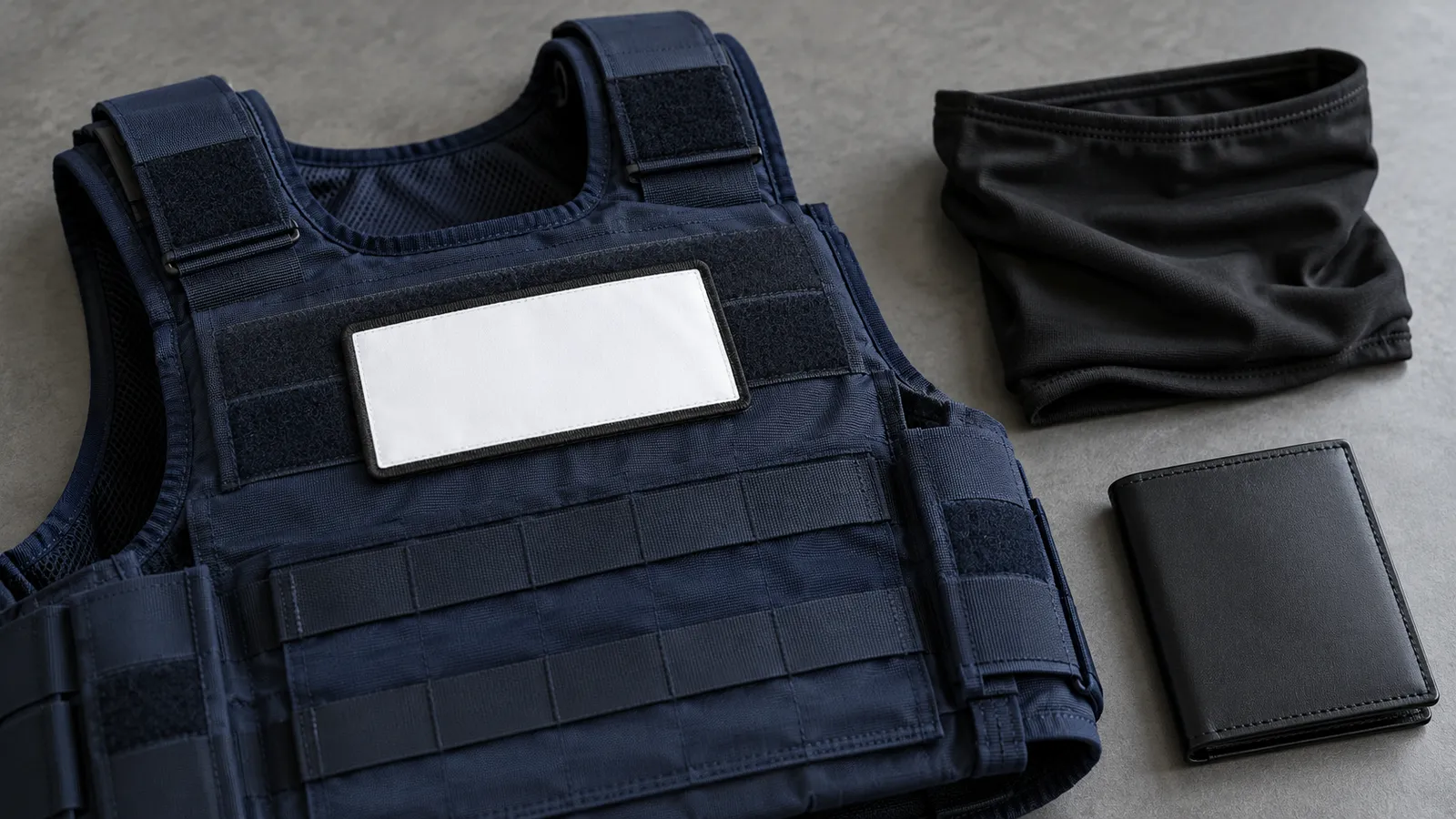 An unmarked navy tactical vest with a blank identification patch beside a black face covering and closed credential wallet