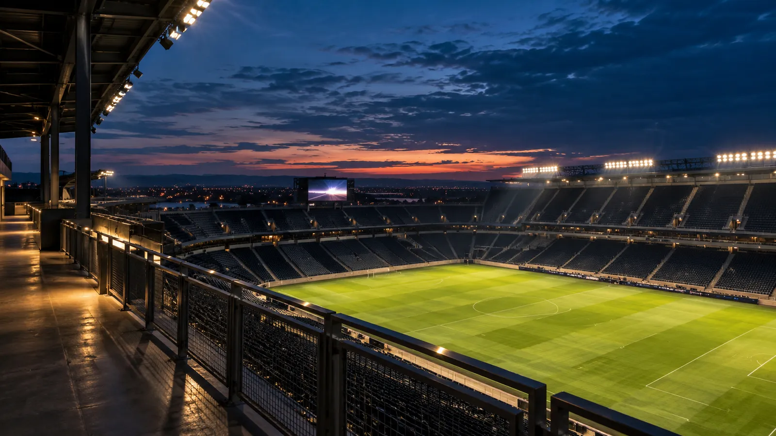 An empty sports stadium seen from a high concourse at dusk, with floodlights over a green field.