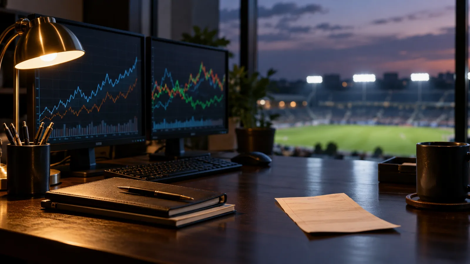 A desk with two abstract market-line screens and an out-of-focus sports field through a window at dusk.