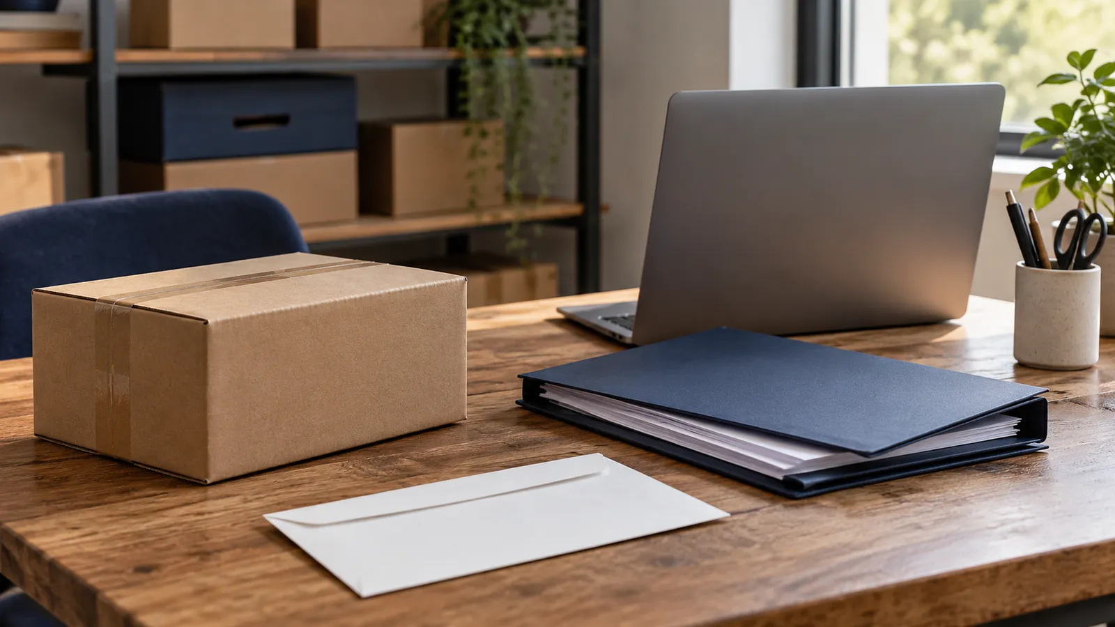 A small parcel beside a folder of shipping paperwork and a laptop on a packing desk