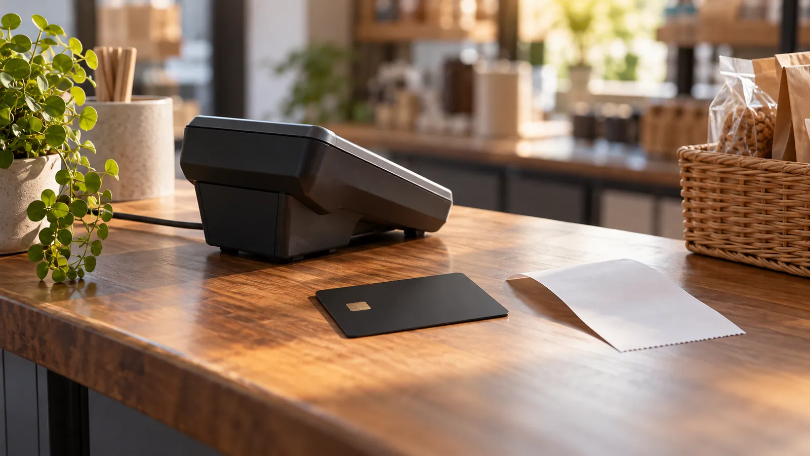 A plain debit card and blank receipt on a small shop counter beside the side of a generic payment terminal.