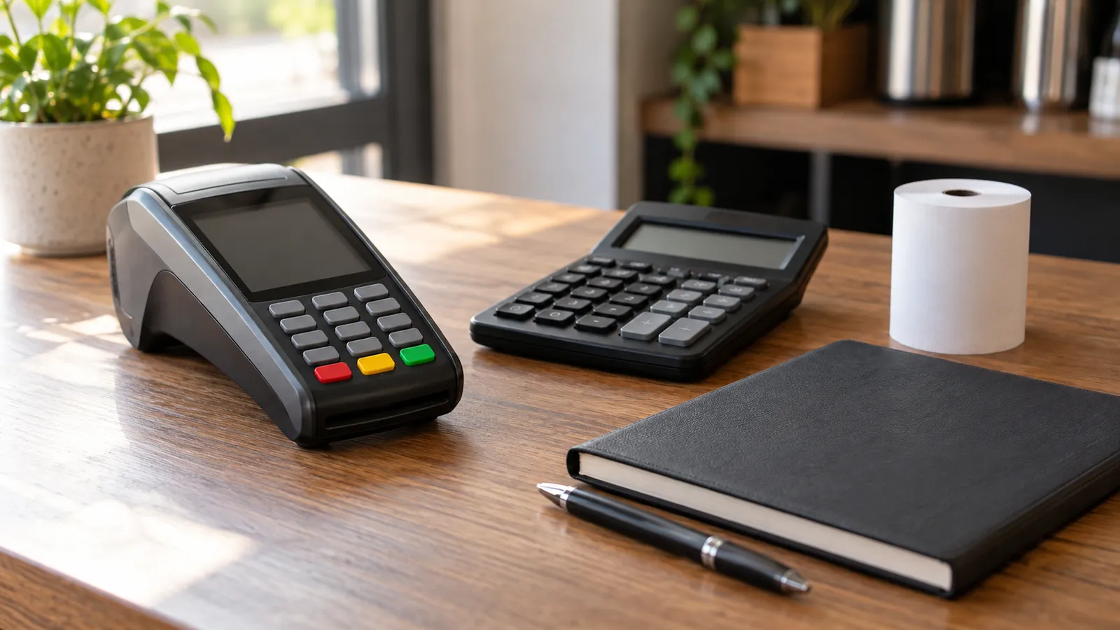 A generic payment terminal, calculator, receipt roll, closed notebook, and pen on a wooden desk.