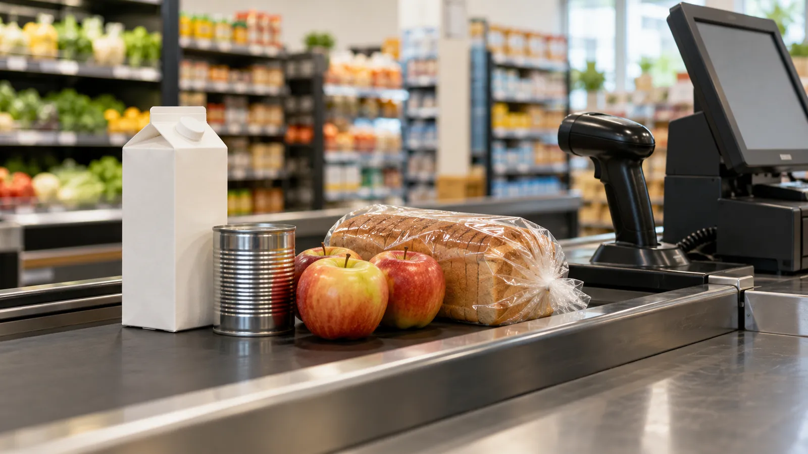 Unbranded groceries beside a barcode scanner and register at a checkout counter