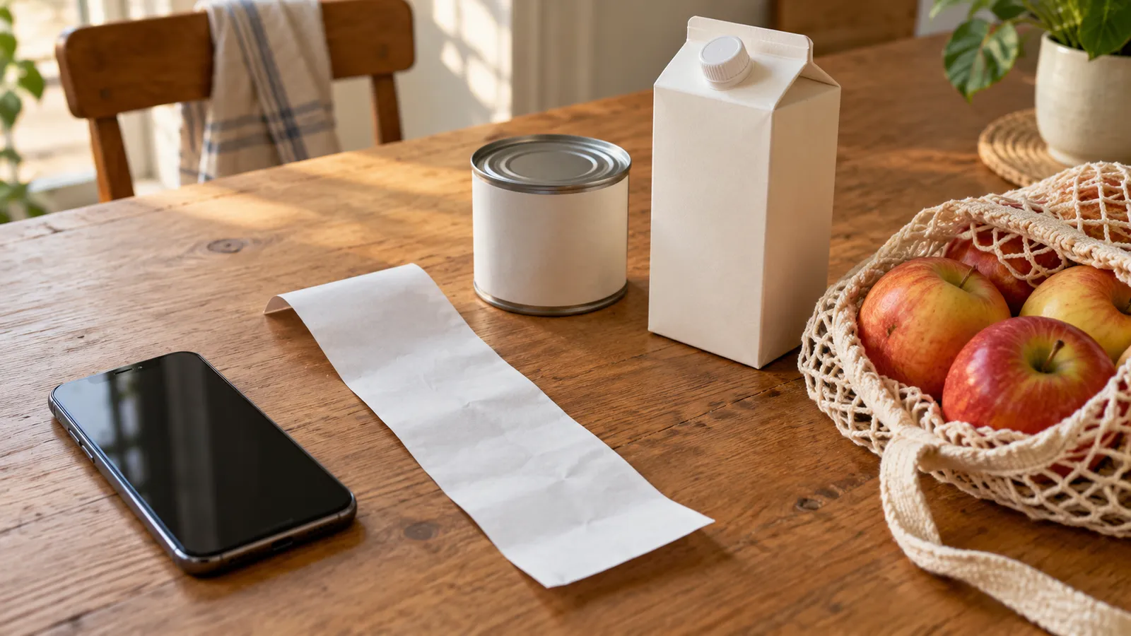A face-down receipt and phone beside groceries on a kitchen table