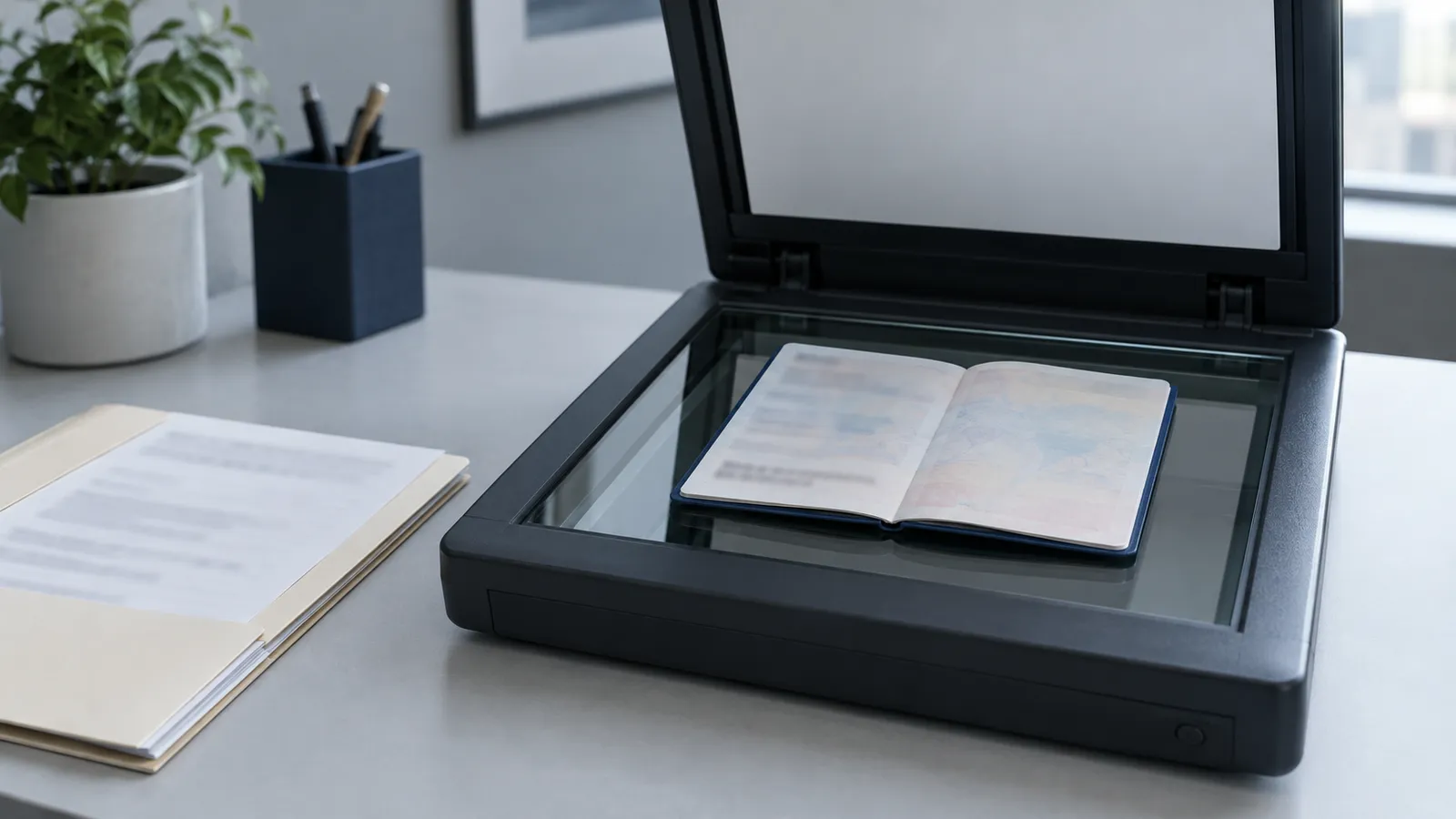 An open travel-document booklet on a flatbed scanner beside a paper folder
