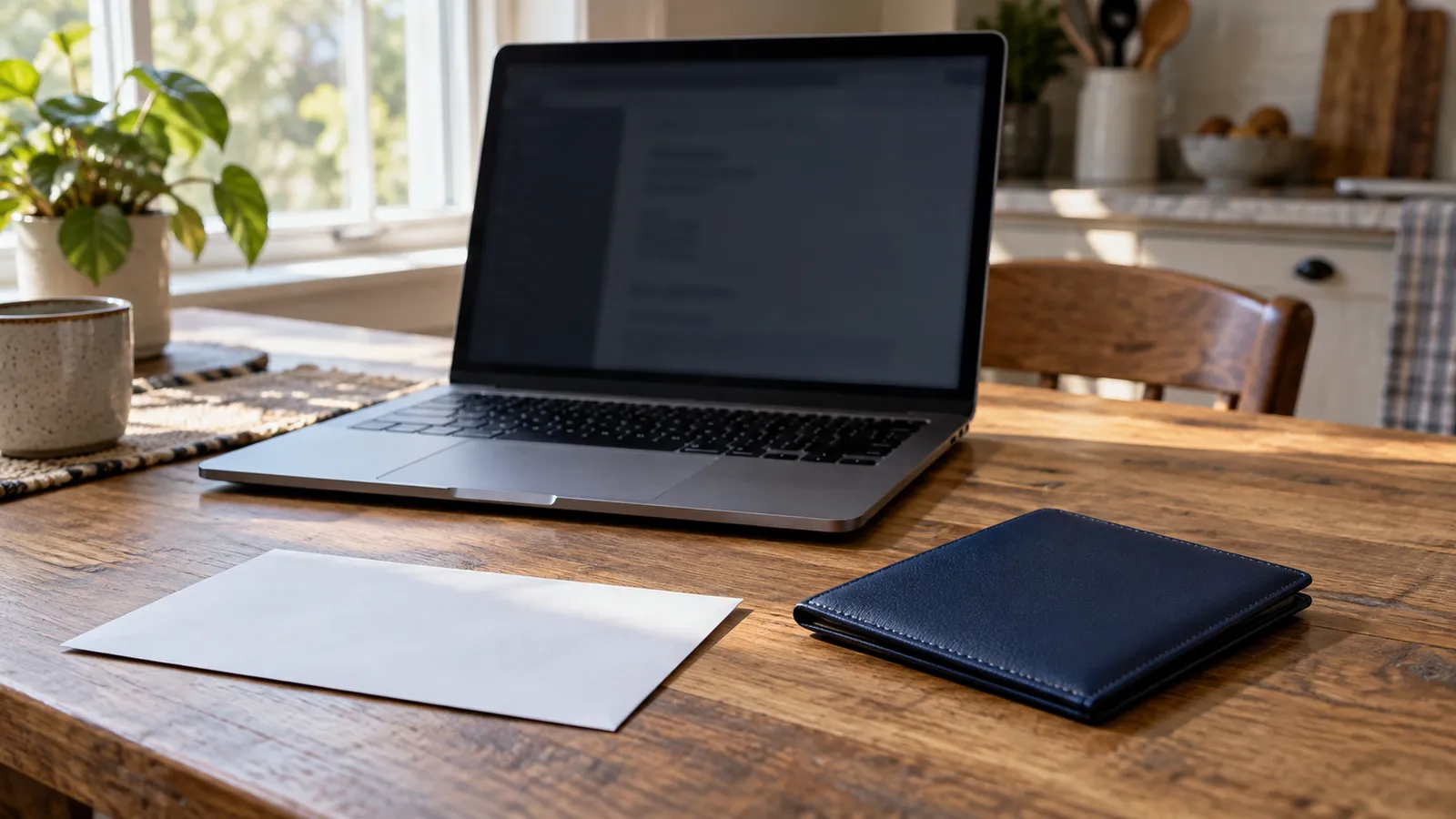 An open laptop beside a plain travel-document wallet and envelope on a wooden table