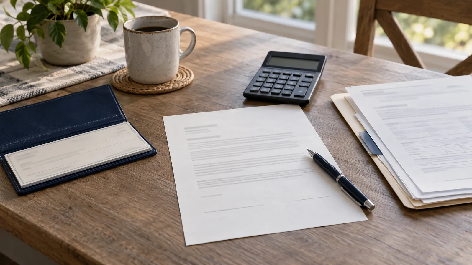 A donation acknowledgment letter, a checkbook and a calculator on a kitchen table beside a folder of tax papers